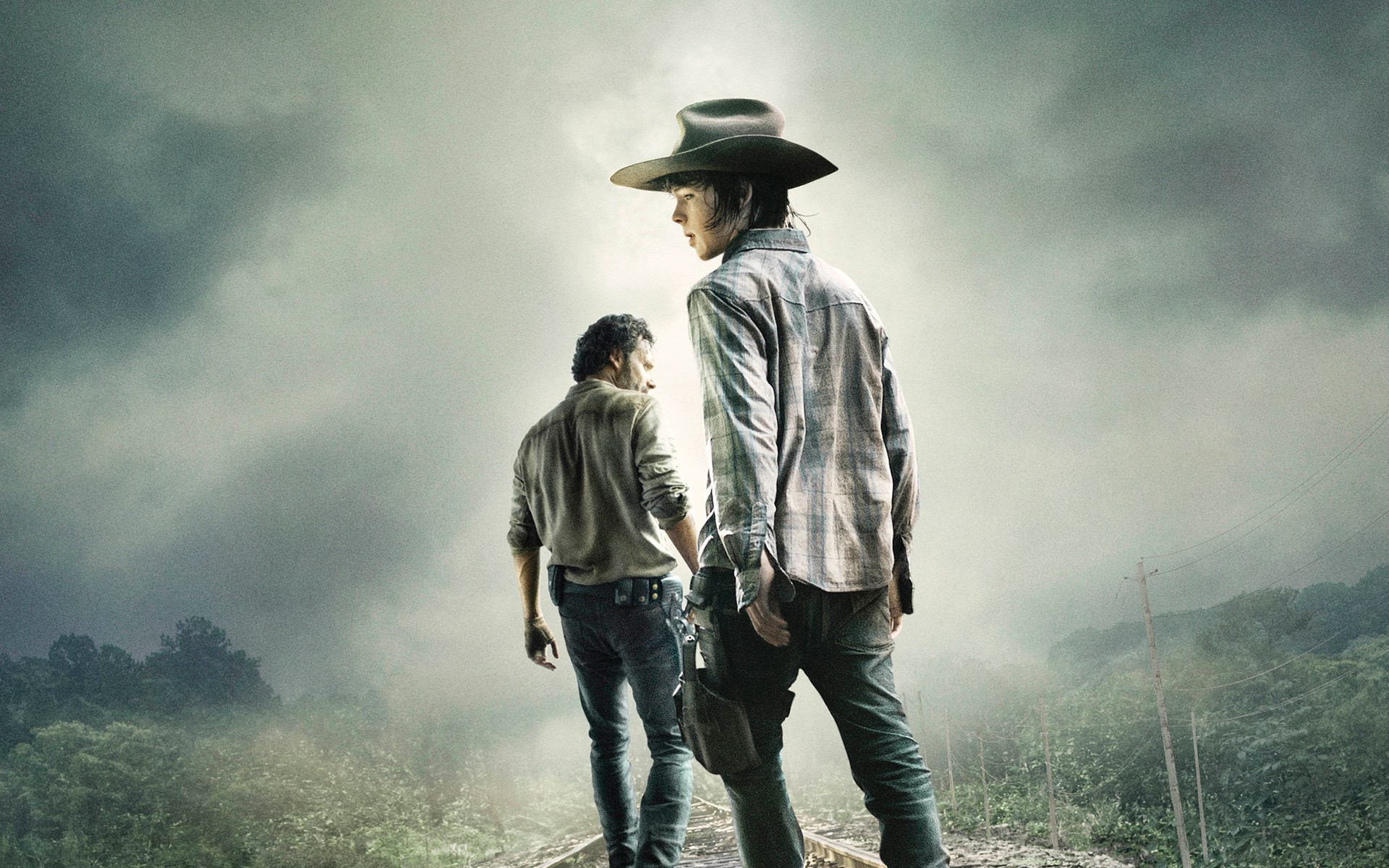 Carl and Rick from The Walking Dead on train tracks HD Wallpaper
