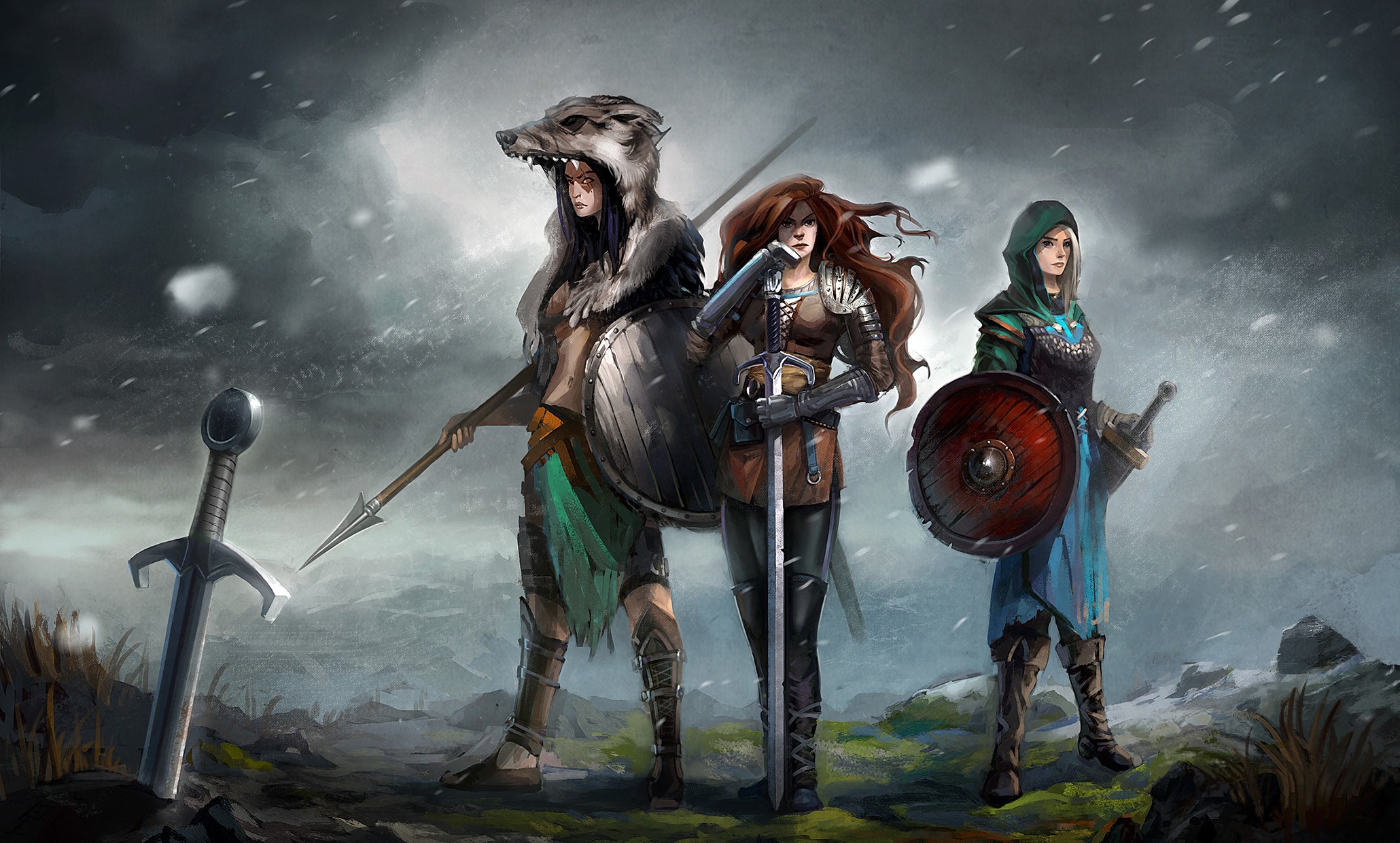 Three female warriors with swords and shields in a snowy landscape HD Wallpaper