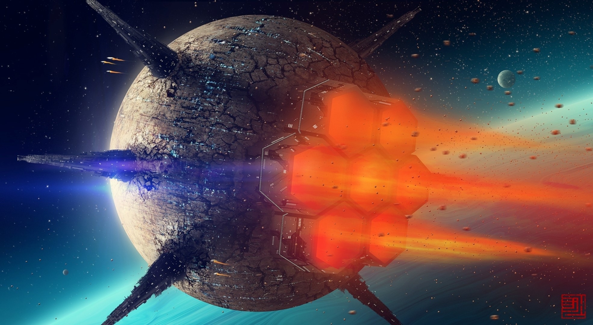 Massive spaceship with glowing engines in space HD Wallpaper