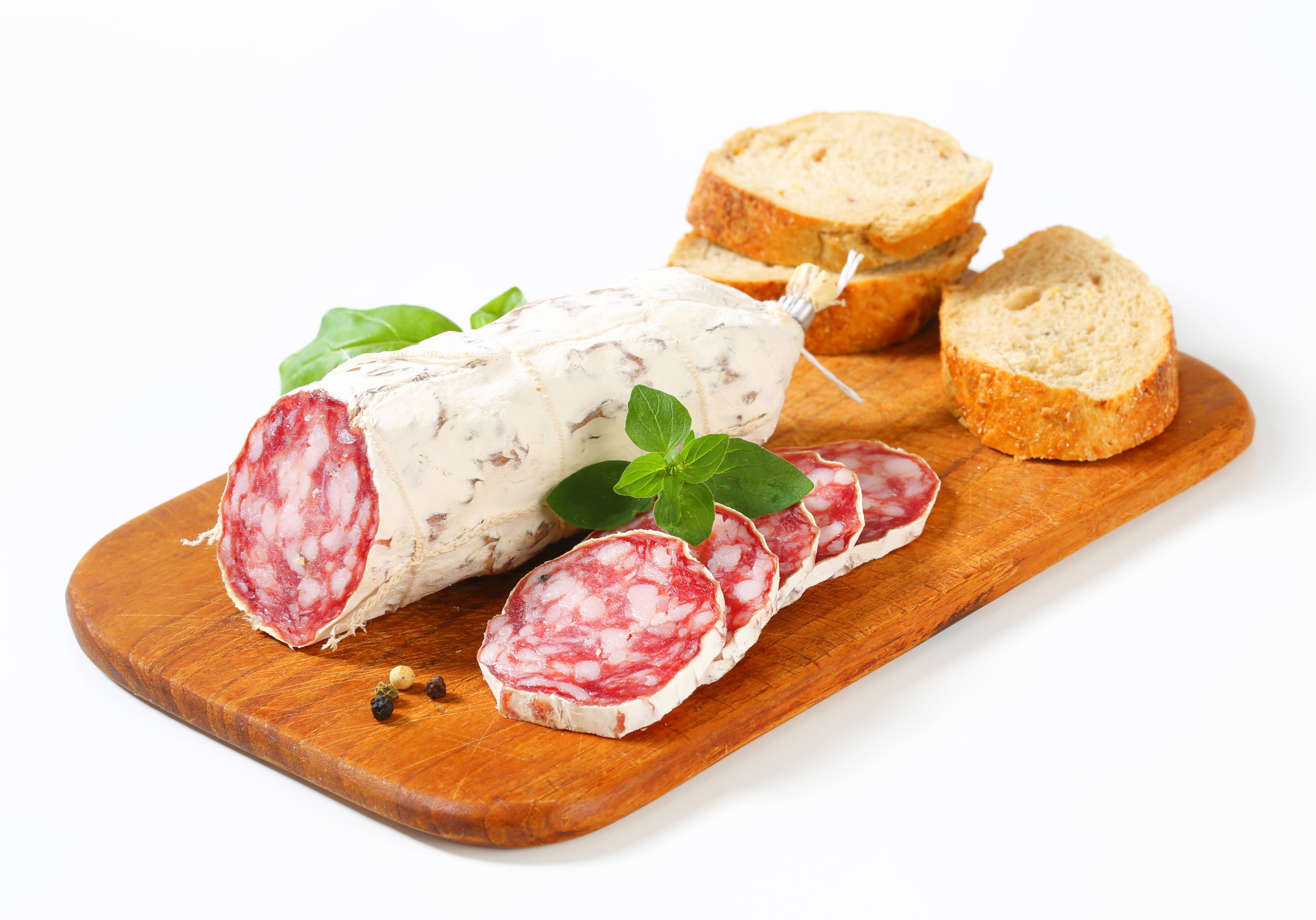 Sausage and Bread on a Wooden Board HD Wallpaper