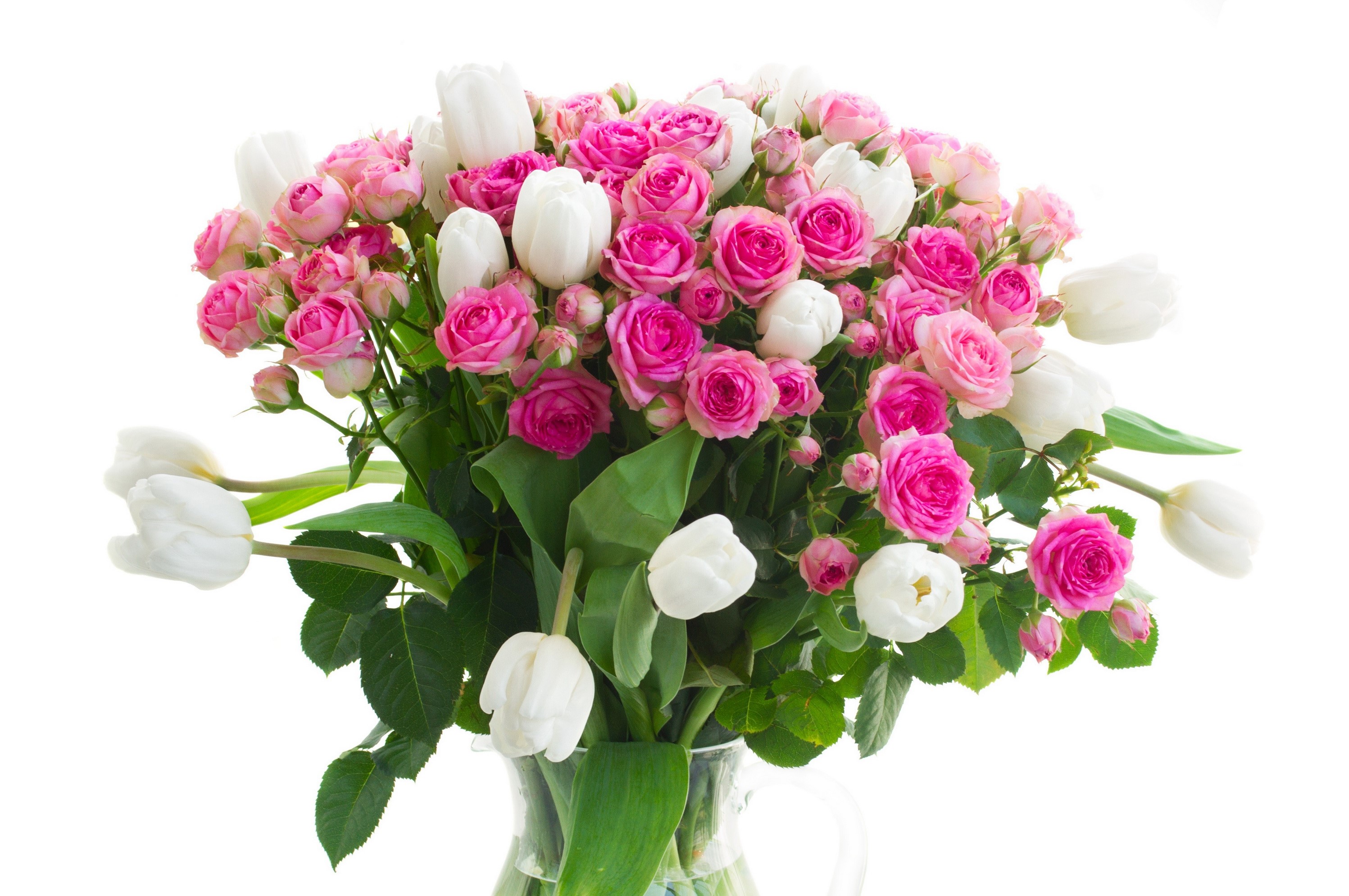 Bouquet of pink roses and white tulips HD Wallpaper