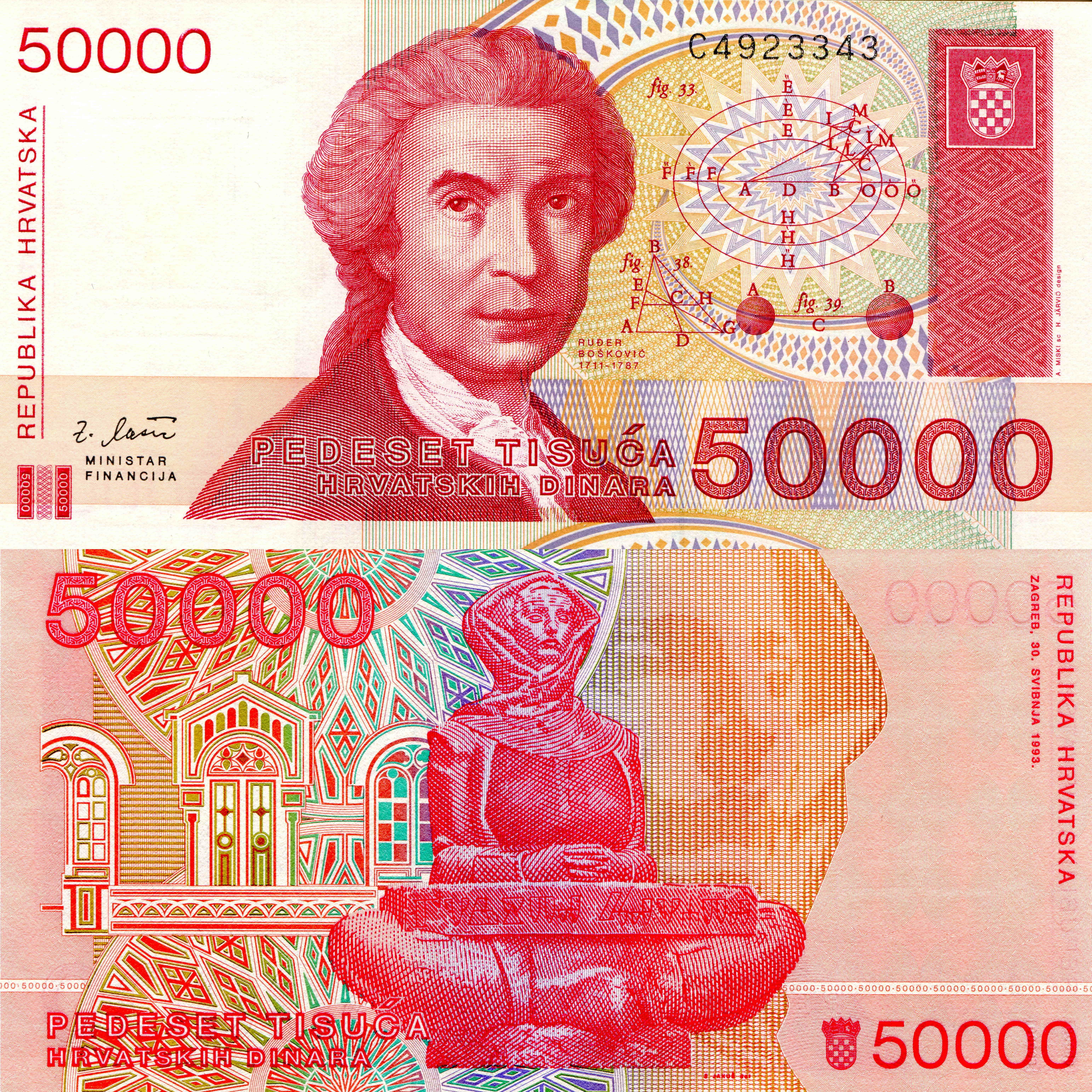 50000 Croatian Dinara Banknote featuring Ruđer Bošković HD Wallpaper