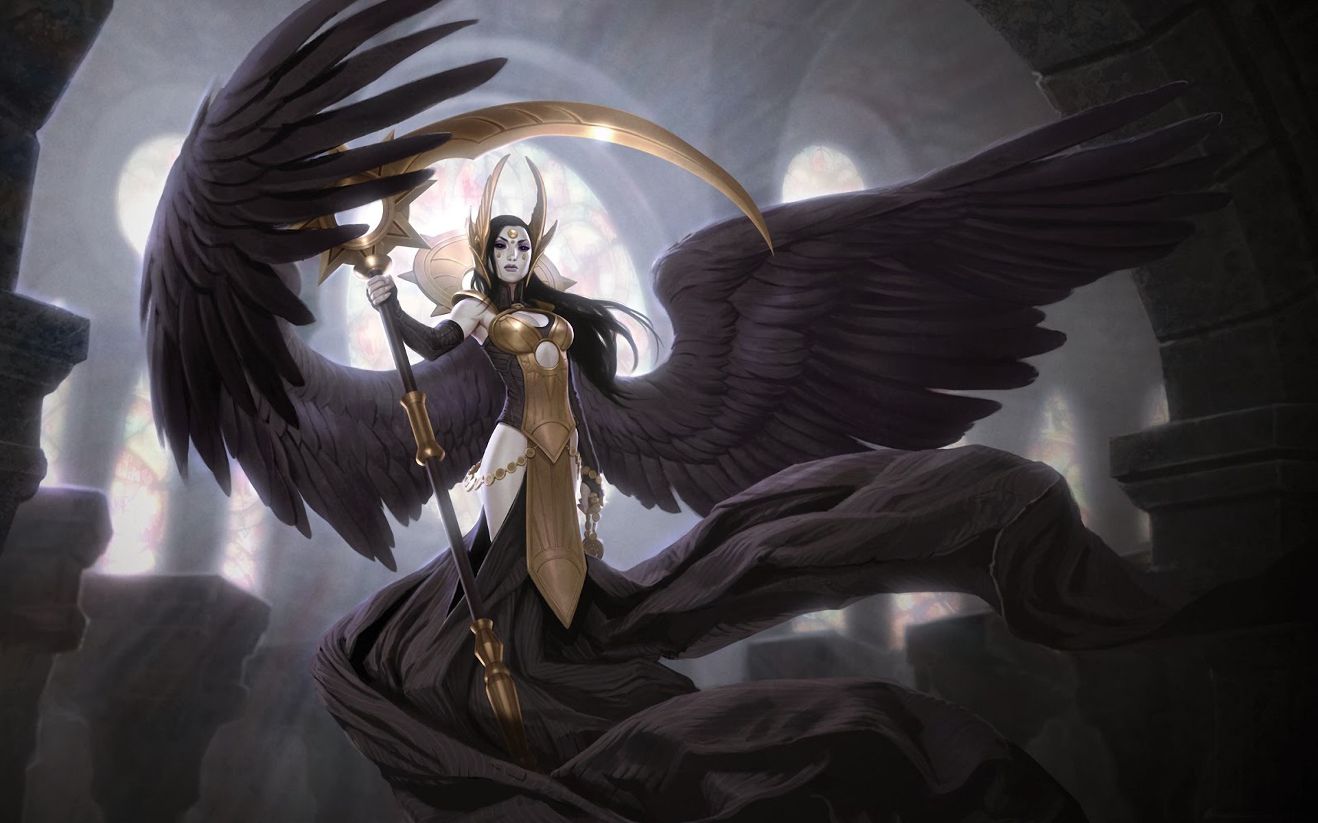 Angel with Scythe and Black Wings in Cathedral HD Wallpaper