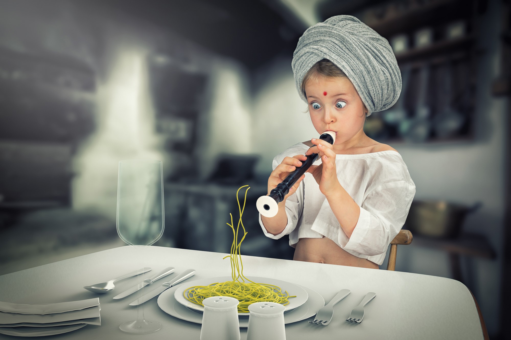 Girl playing flute at dinner table with spaghetti HD Wallpaper