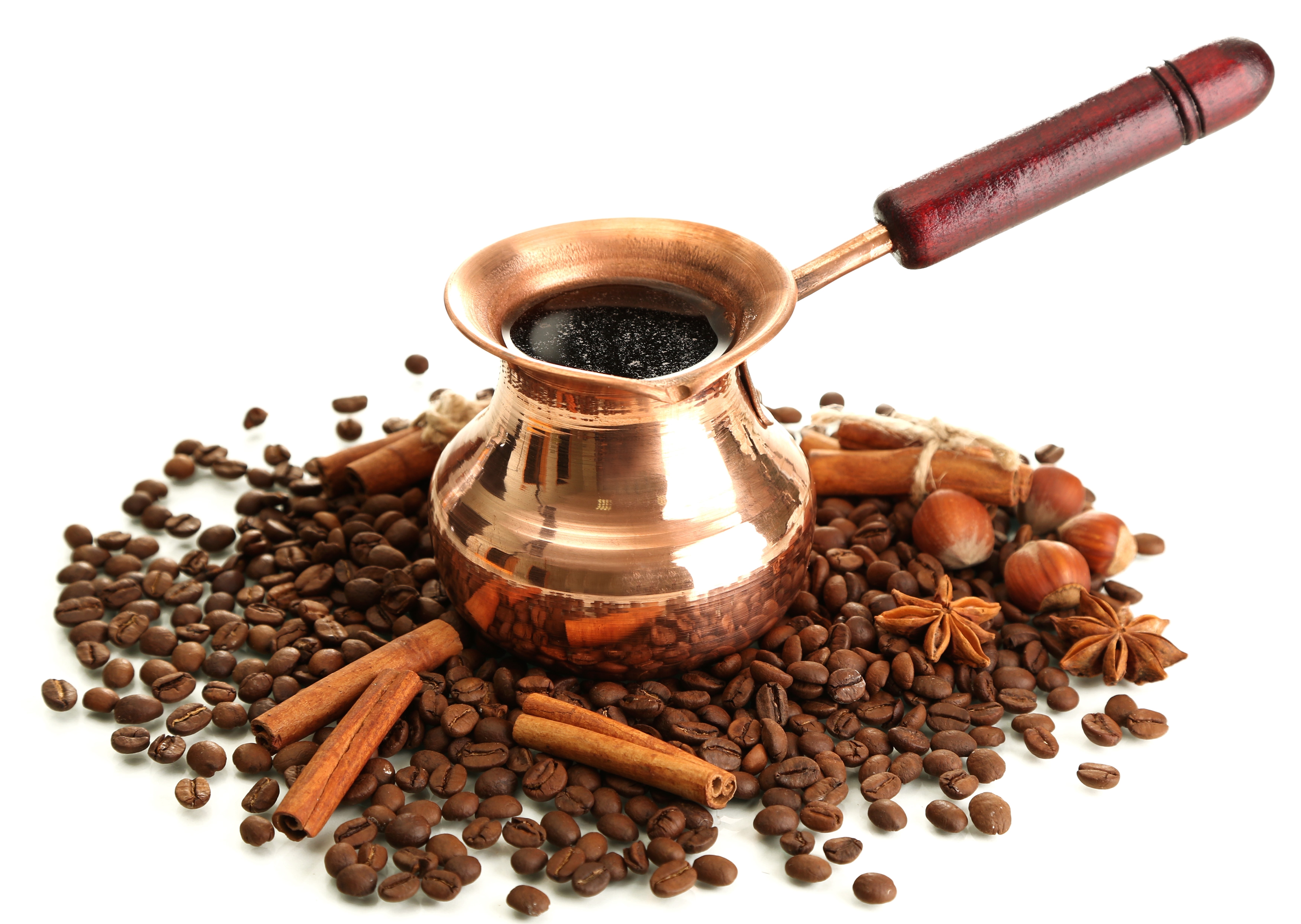 Coffee beans, cezve, cinnamon, hazelnuts, and star anise HD Wallpaper