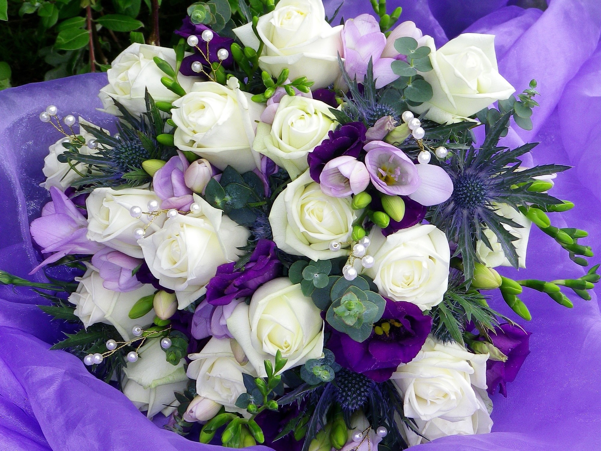 White roses and purple flowers bouquet HD Wallpaper