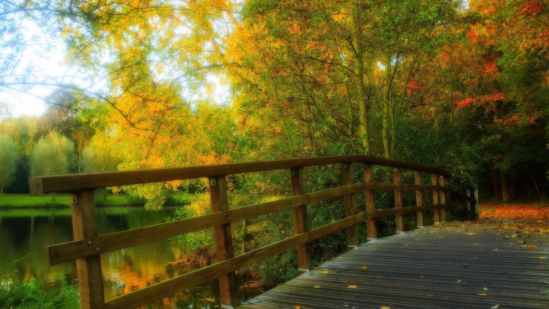 Wooden bridge over a lake in autumn HD Wallpaper