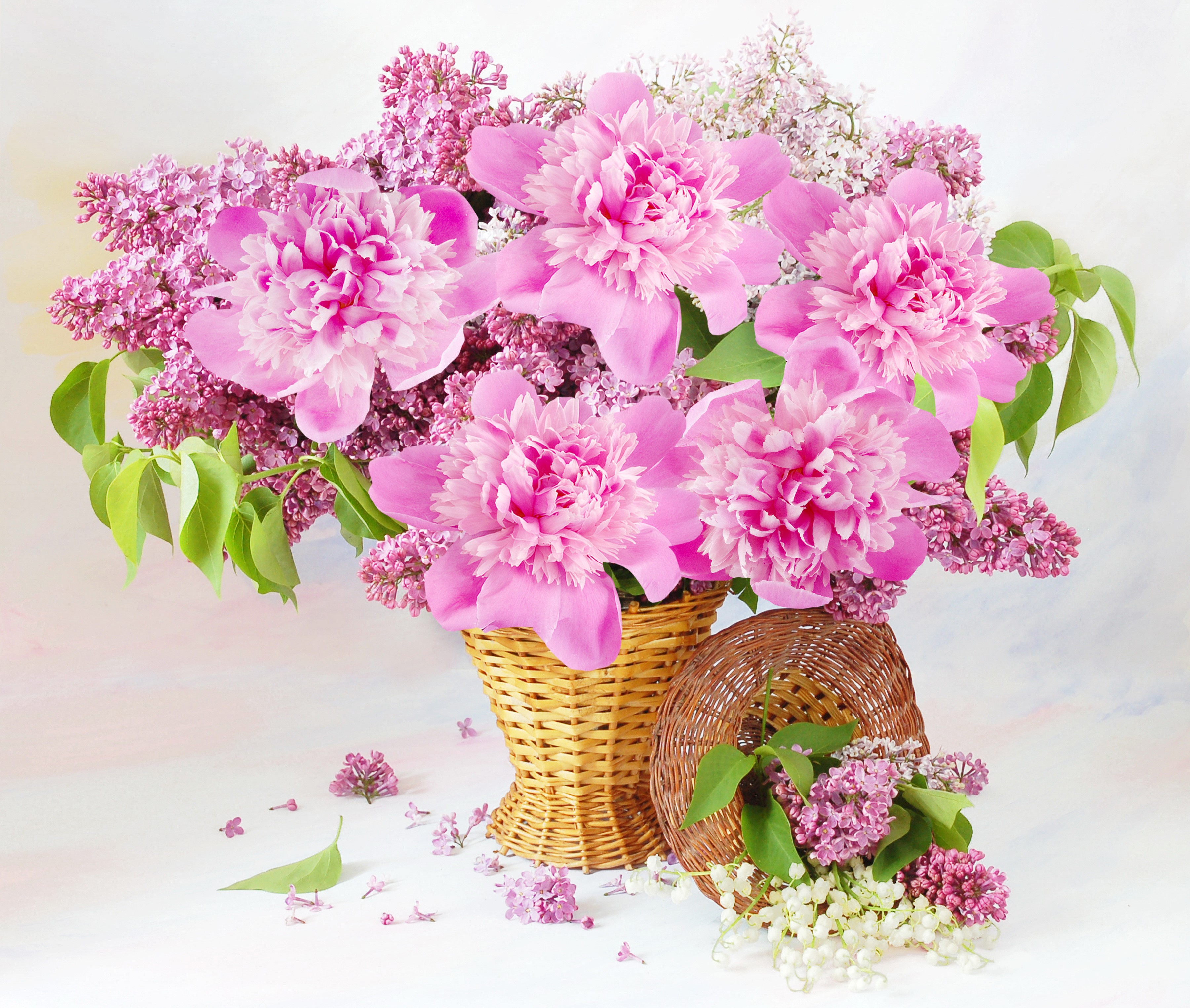 Pink peonies and lilac in a wicker basket HD Wallpaper