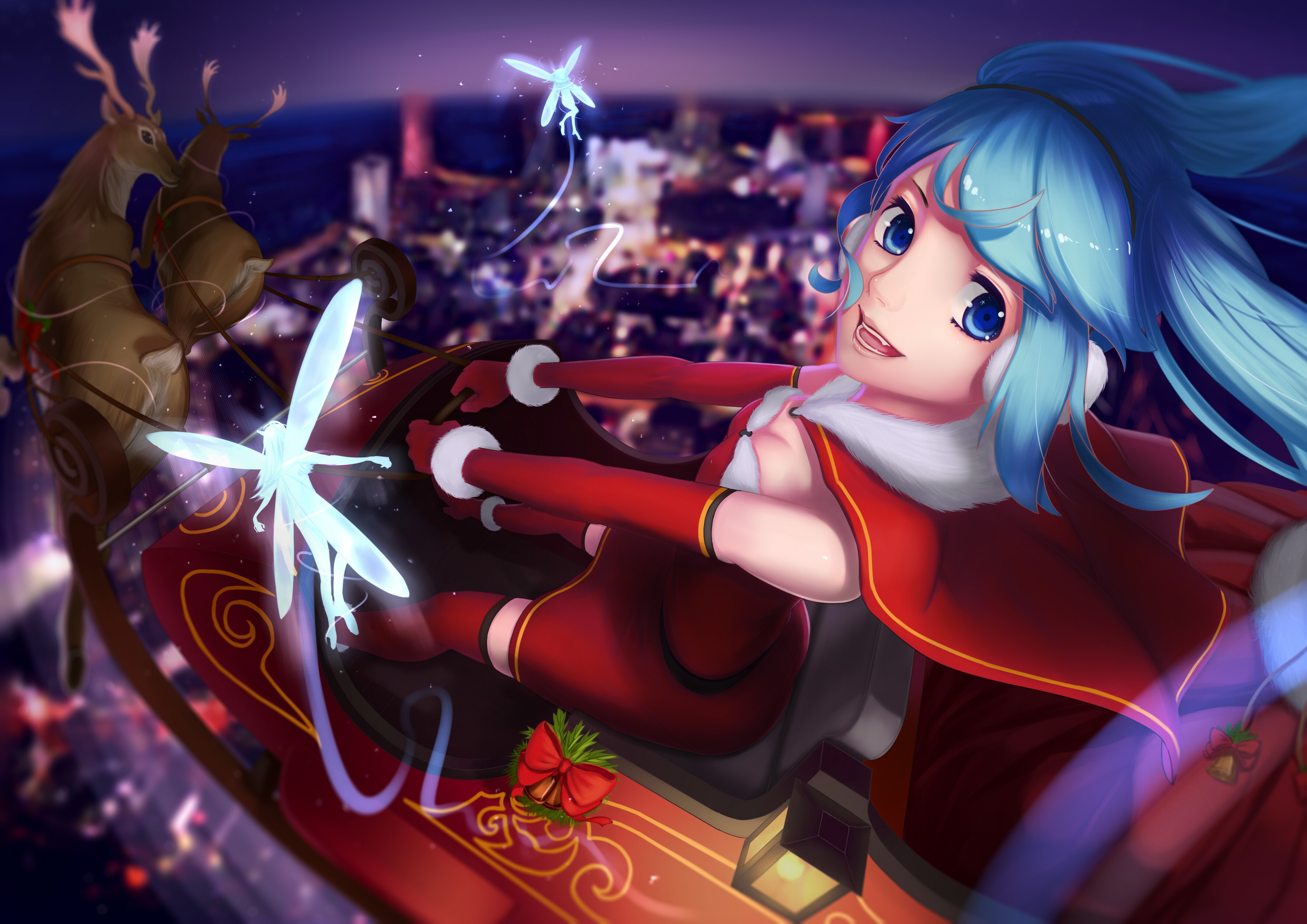 Hatsune Miku as Santa Claus in a Sleigh with Fairies HD Wallpaper