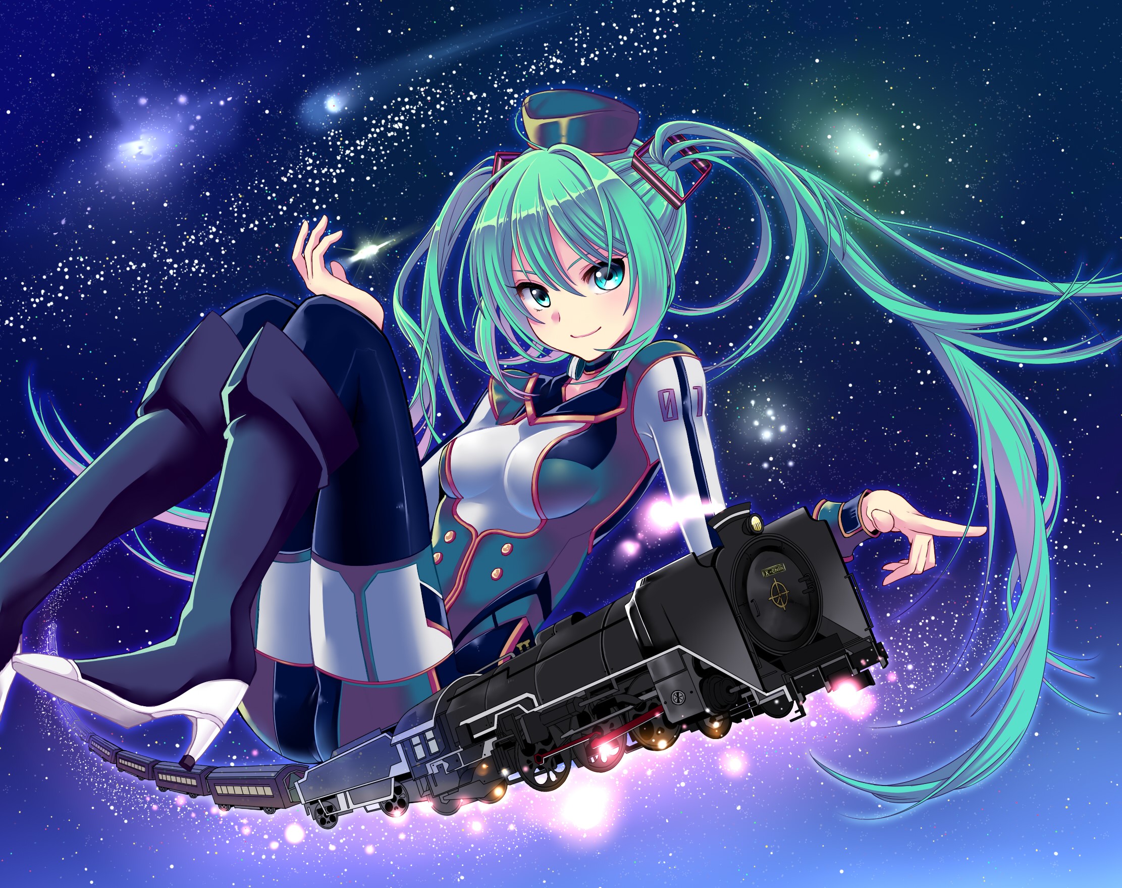 Hatsune Miku riding a steam train through space HD Wallpaper