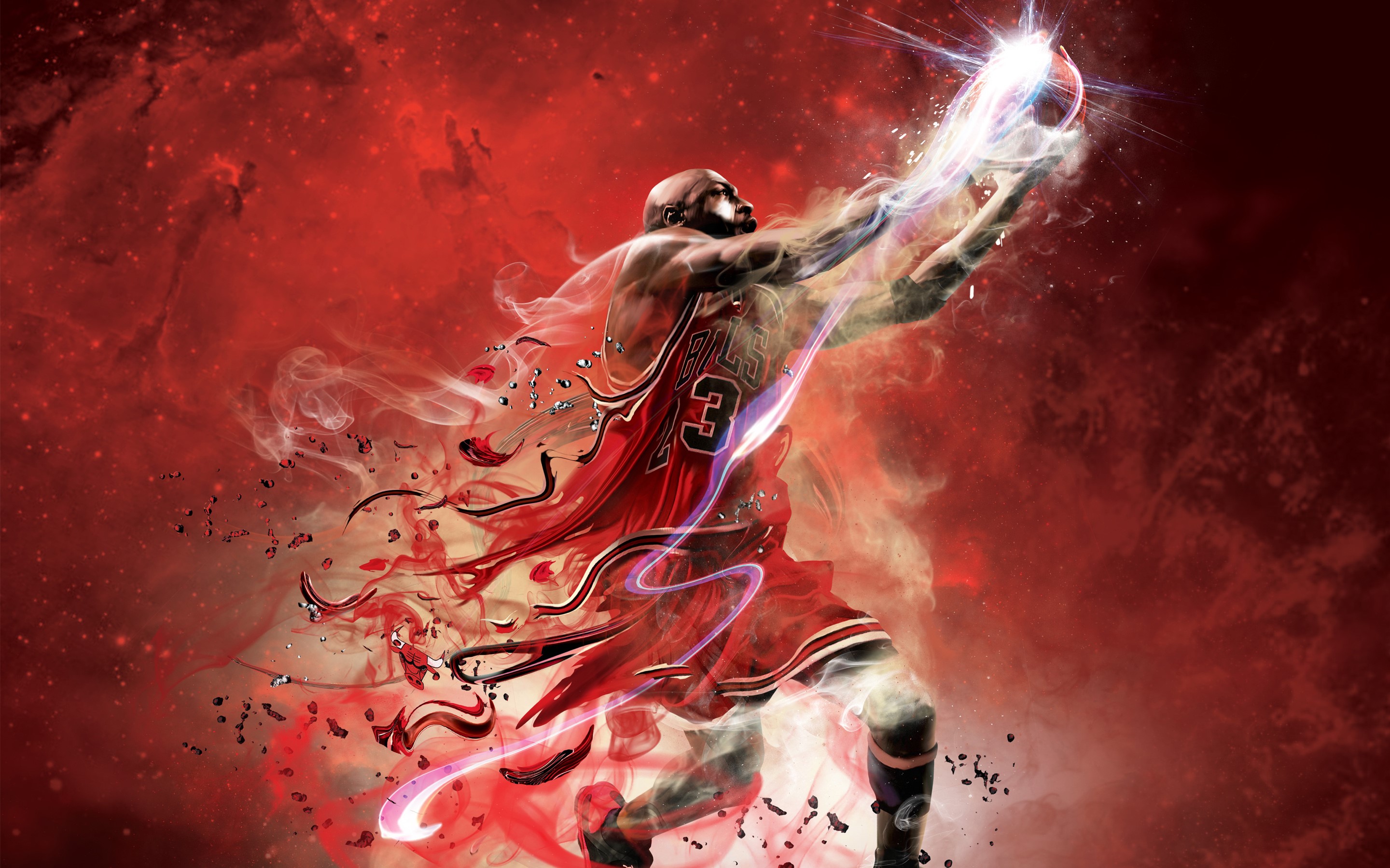 Michael Jordan in a red Chicago Bulls uniform with a basketball HD Wallpaper