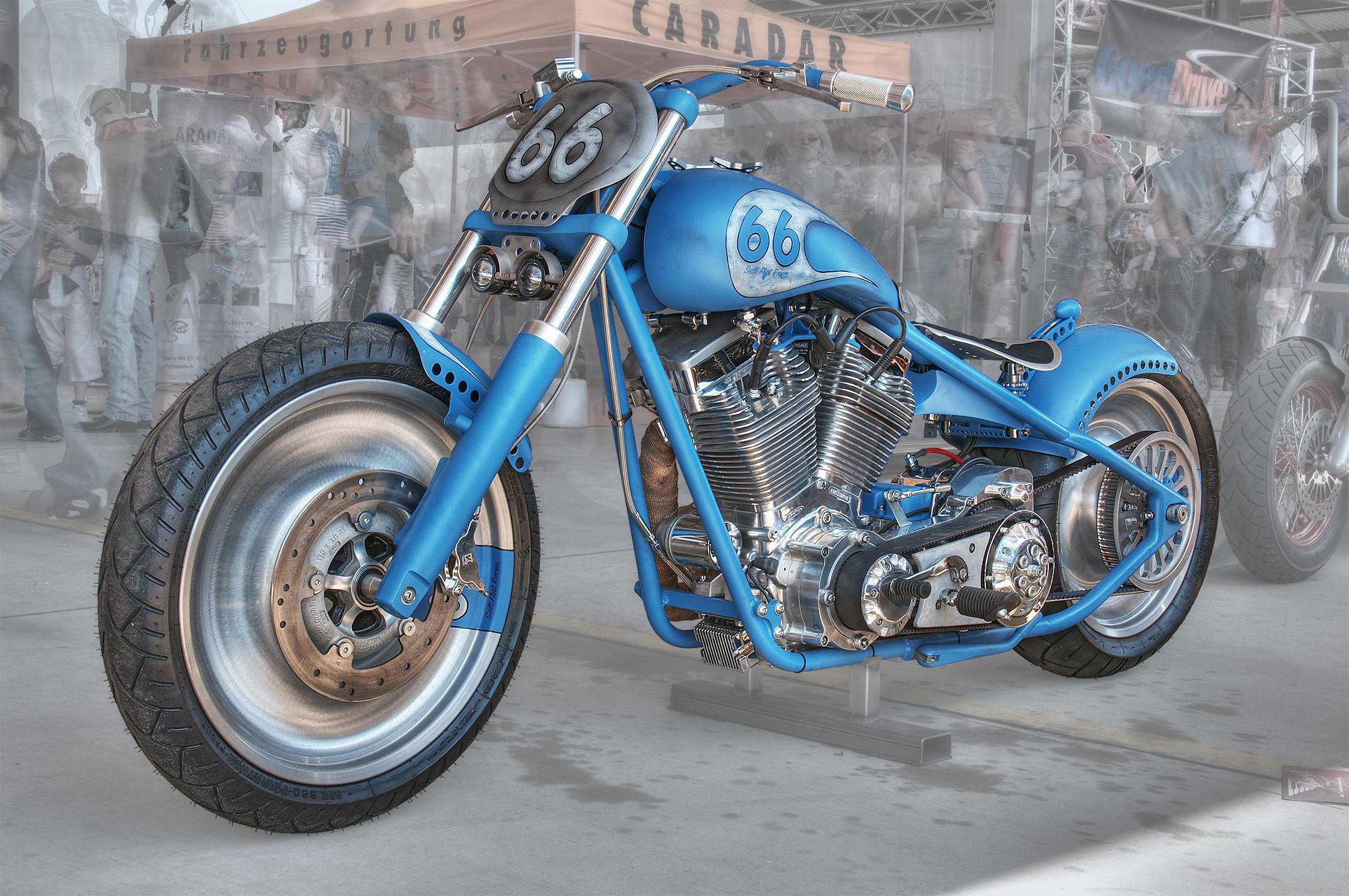 Blue custom motorcycle with number 66 HD Wallpaper