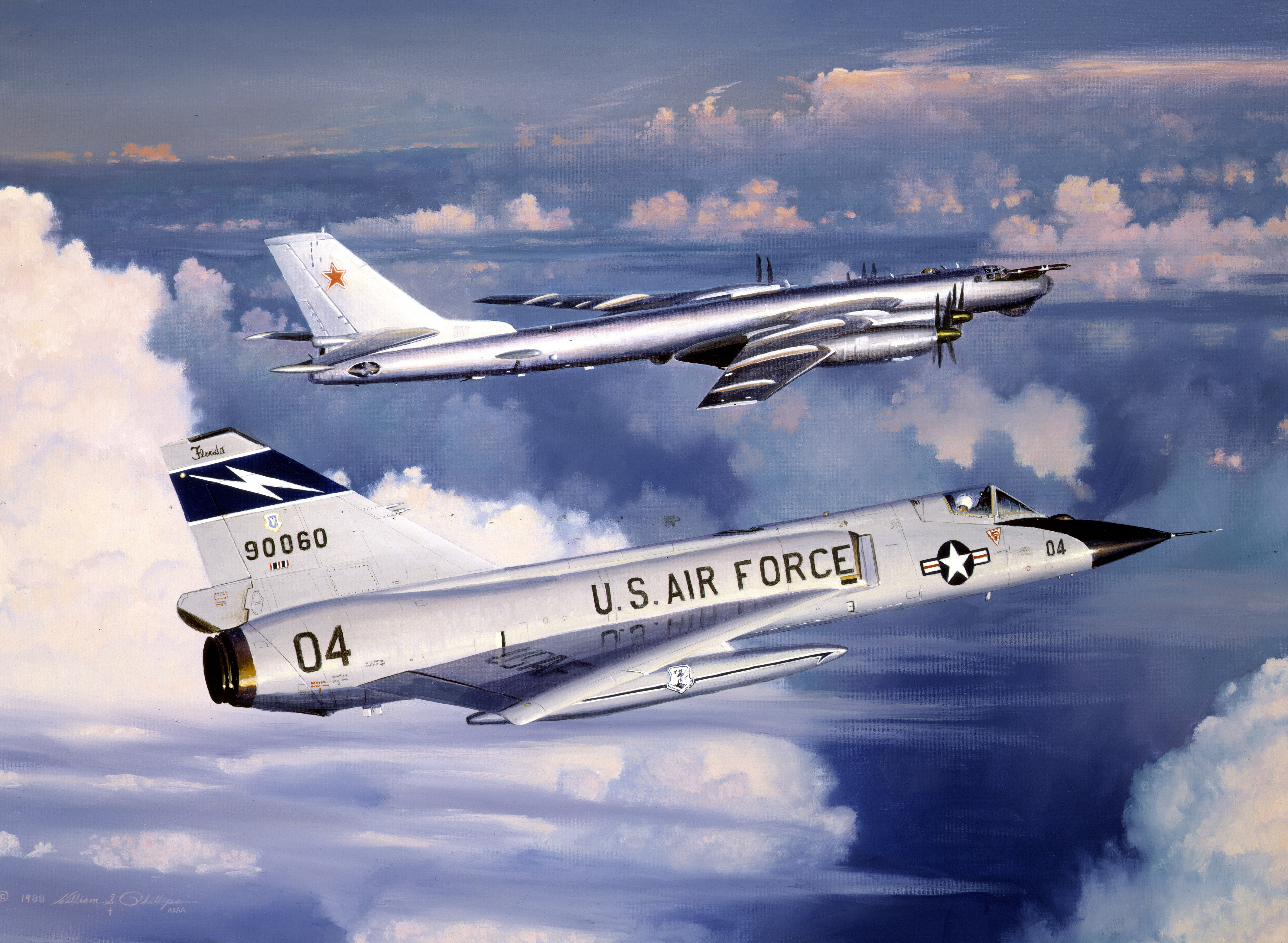 F-106 and Soviet Bomber Painting by William S. Phillips HD Wallpaper