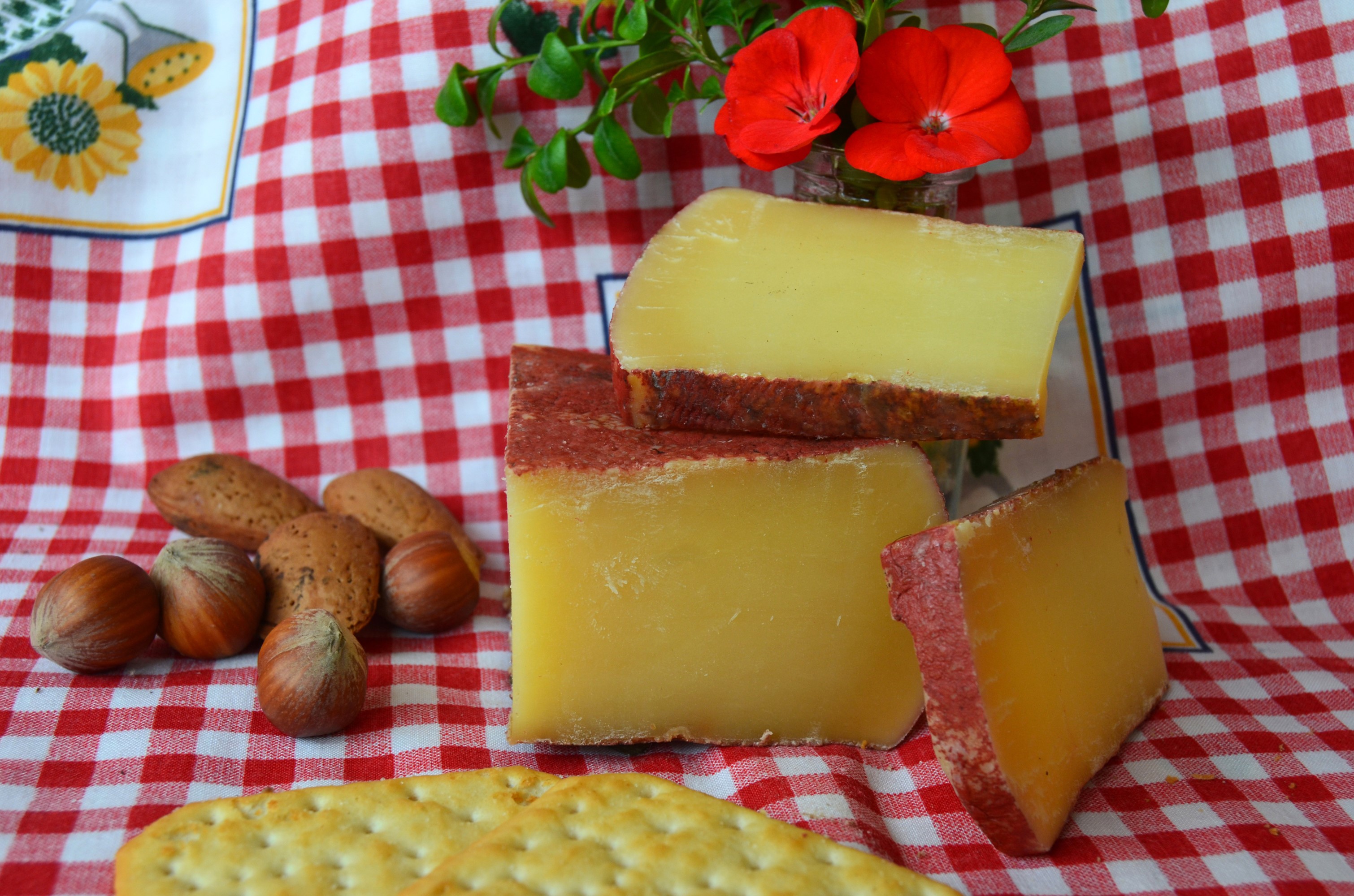 Cheese, Nuts, and Crackers on a Red Gingham Tablecloth HD Wallpaper