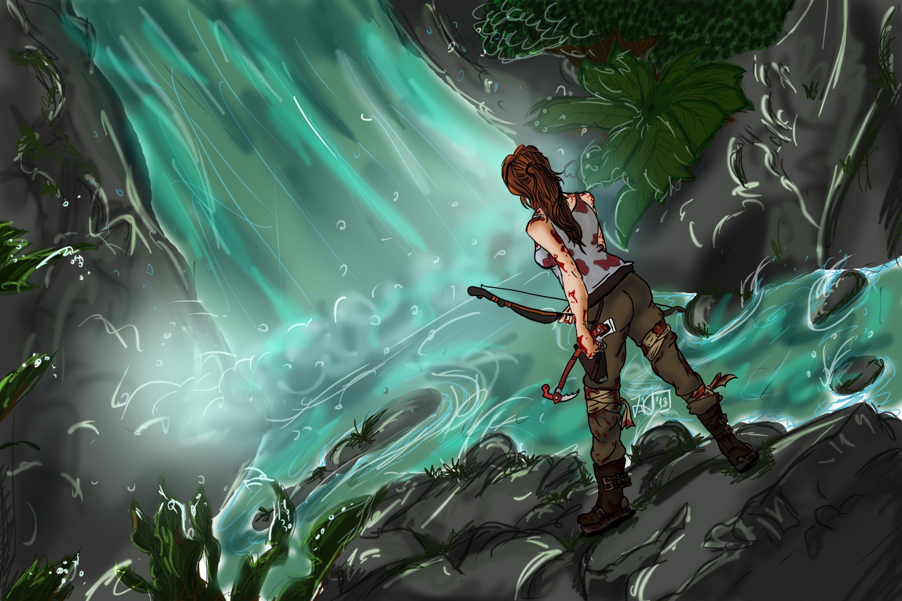 Lara Croft from Tomb Raider near a waterfall HD Wallpaper