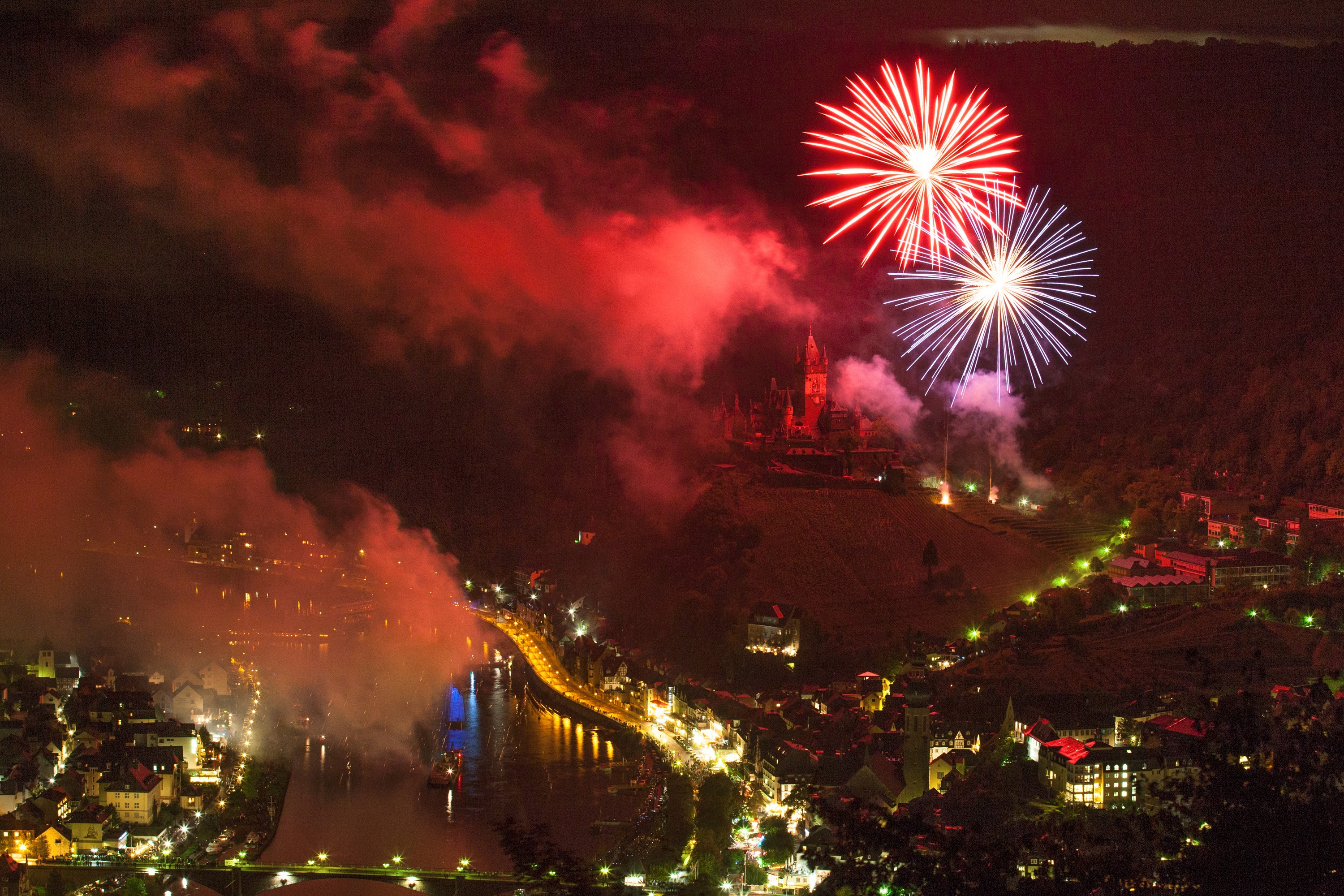 Fireworks over Cochem, Germany at night HD Wallpaper