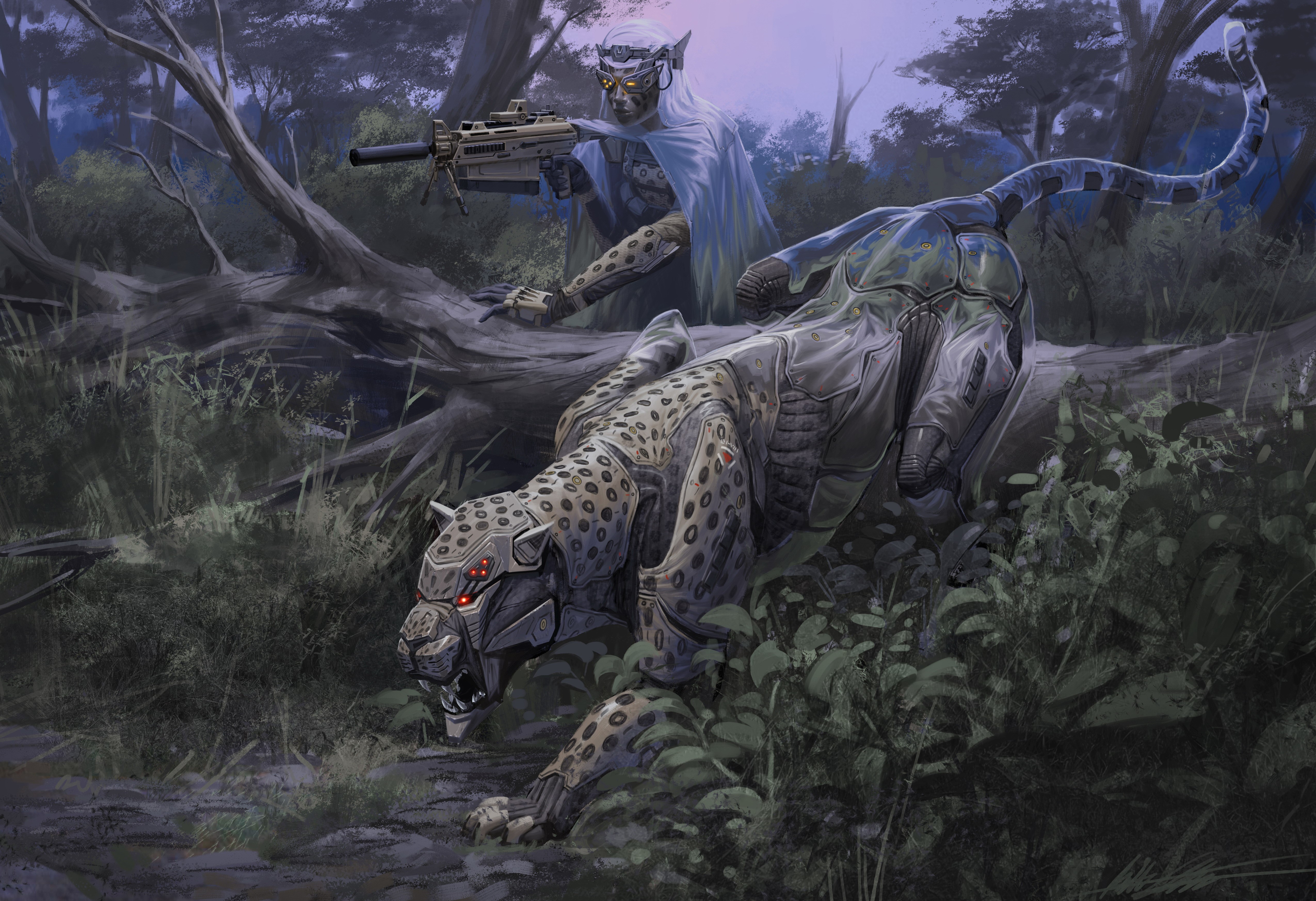 Robot Leopard and Elf Warrior in Forest HD Wallpaper