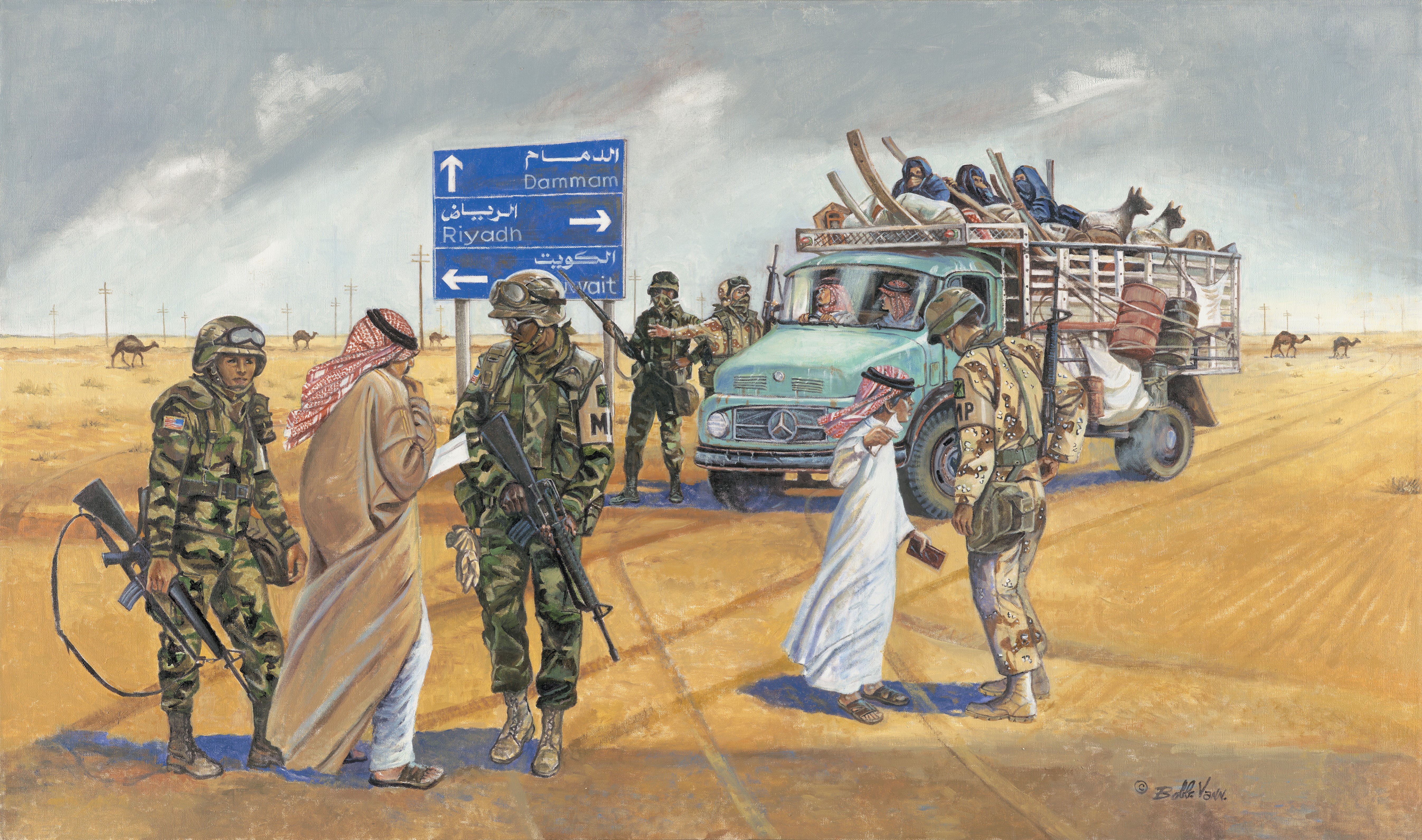 Soldiers at a Desert Roadside Checkpoint HD Wallpaper
