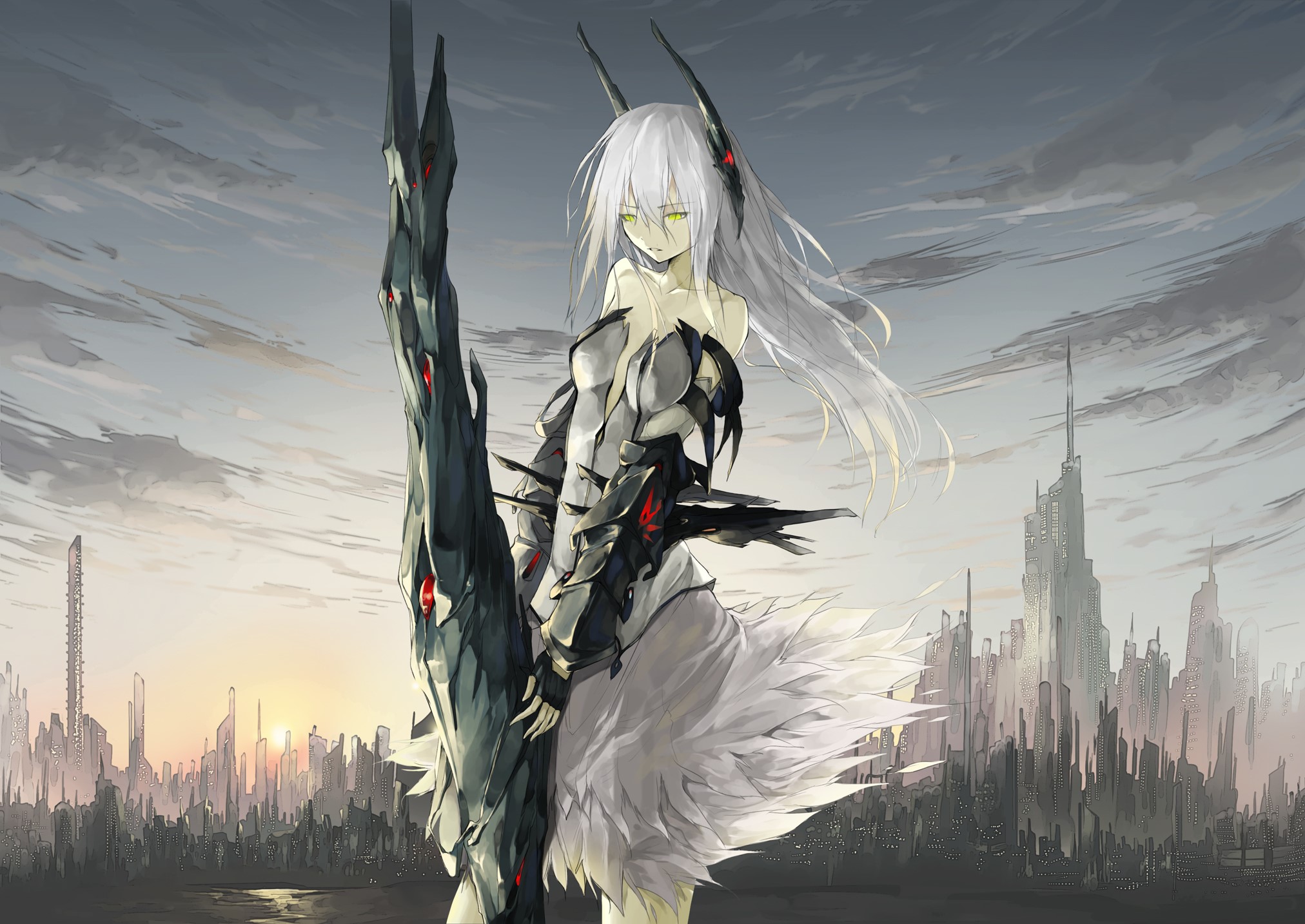 Anime girl with white hair and armor holding a weapon HD Wallpaper
