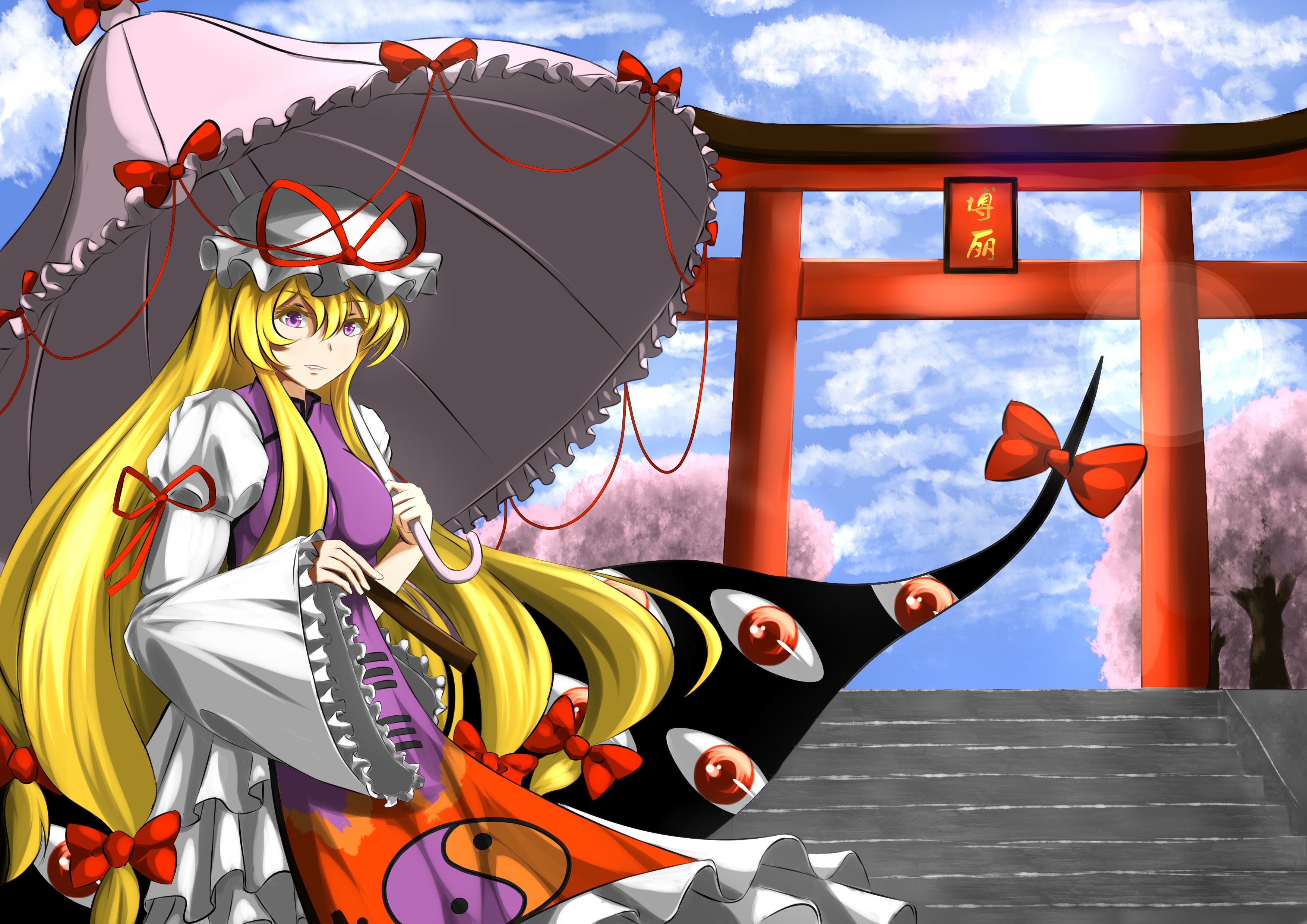 Yakumo Yukari from Touhou Project holding an umbrella HD Wallpaper