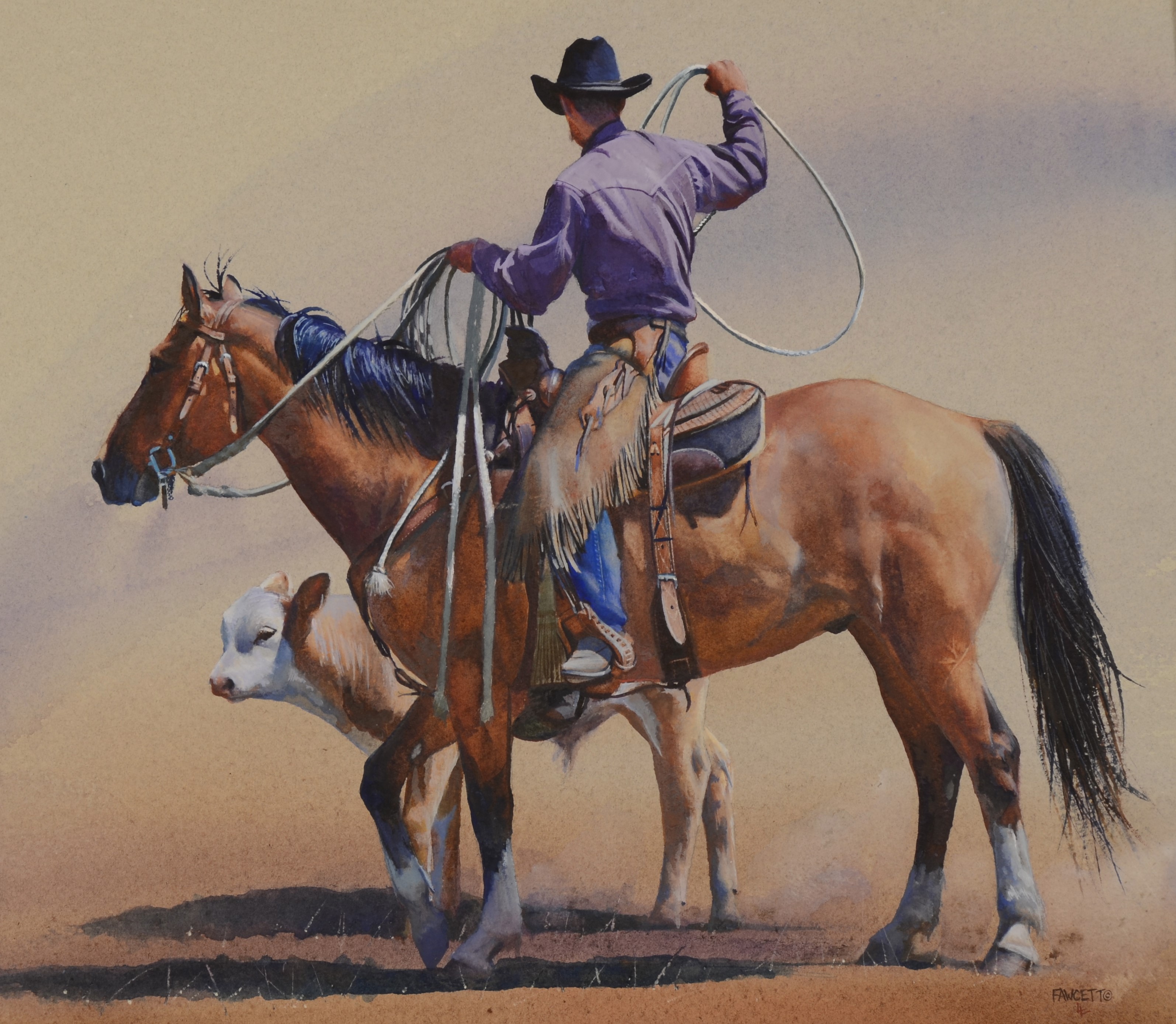 Cowboy on Horse with Calf by John Fawcett HD Wallpaper