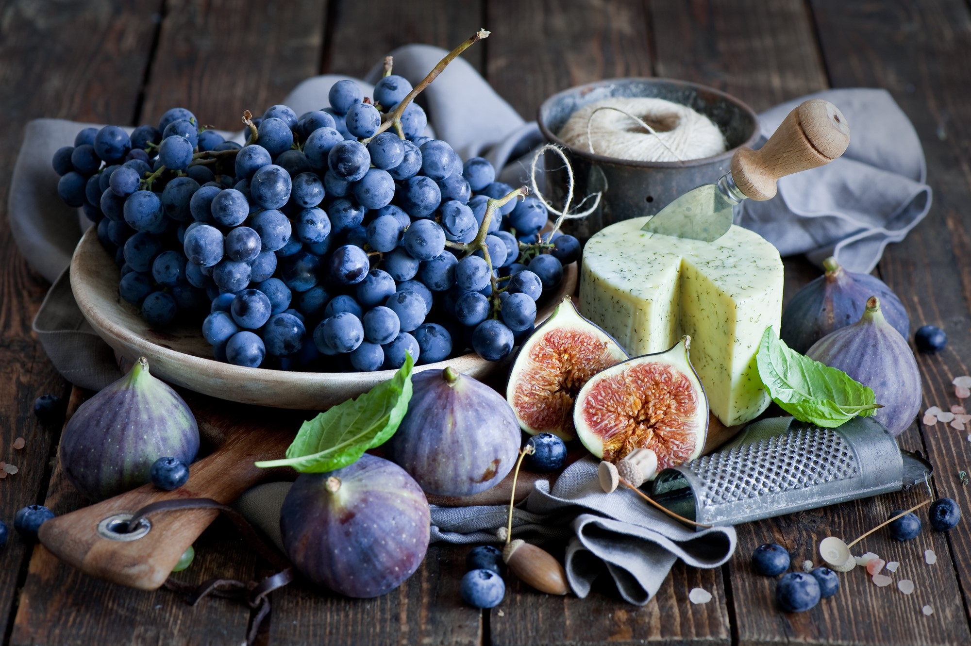 Still-life with grapes, figs, cheese, and blueberries HD Wallpaper