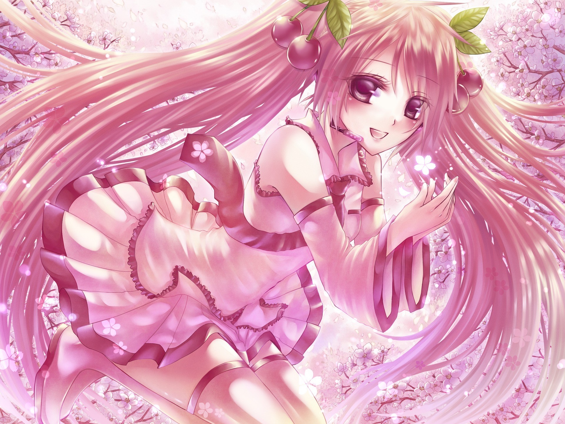 Sakura Miku from Vocaloid with cherry hair accessories HD Wallpaper