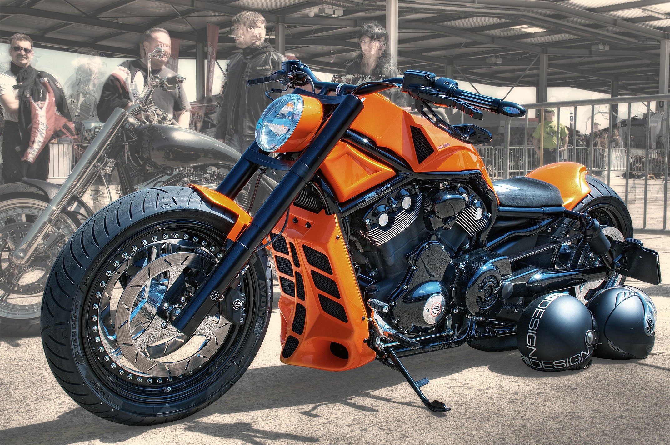 Orange Harley-Davidson motorcycle with helmets HD Wallpaper