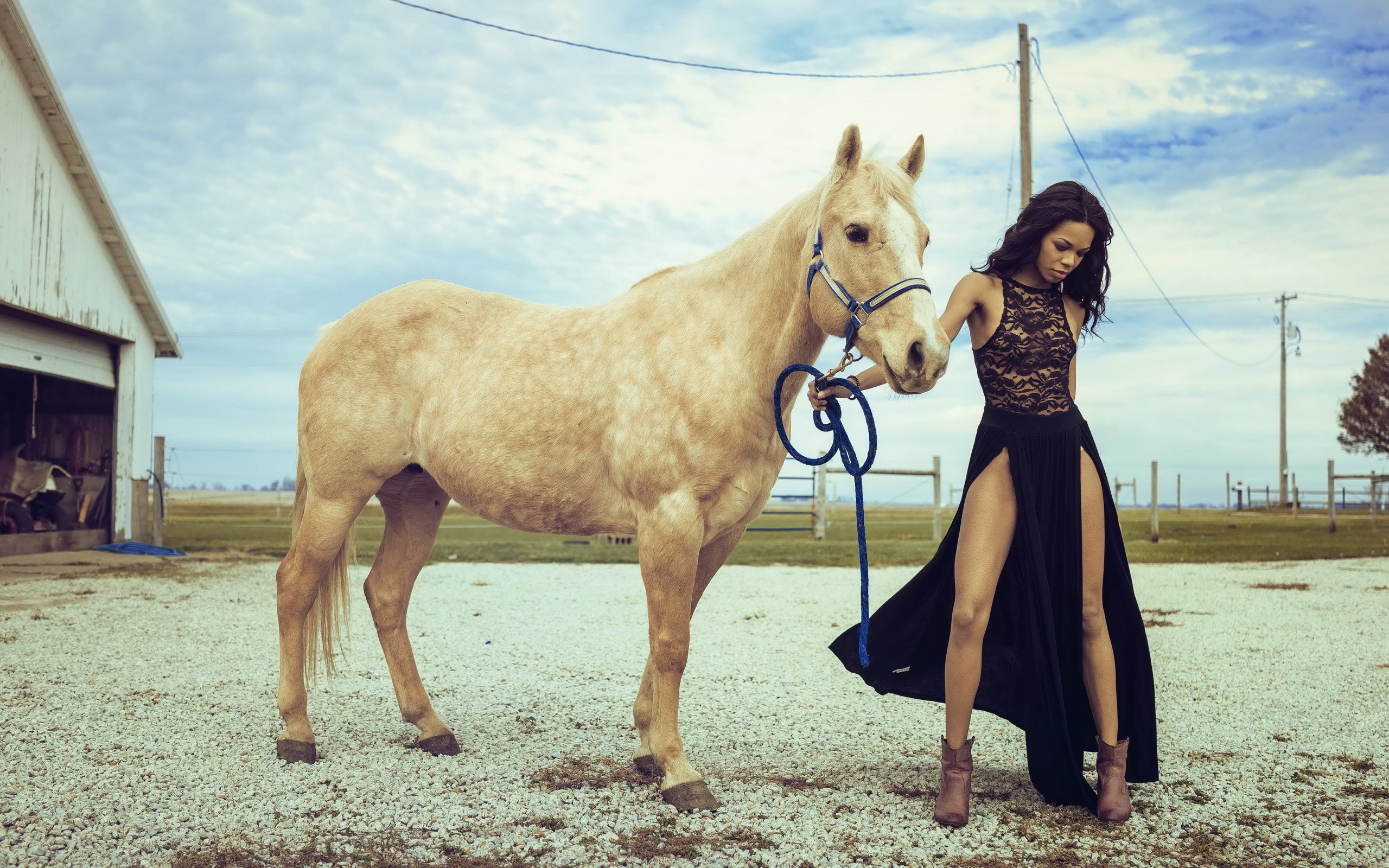 Woman in a black dress with a horse on a farm HD Wallpaper