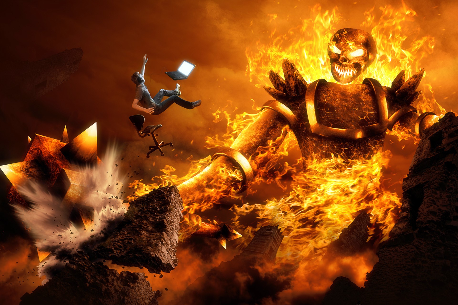 Man falling with laptop near fiery monster HD Wallpaper