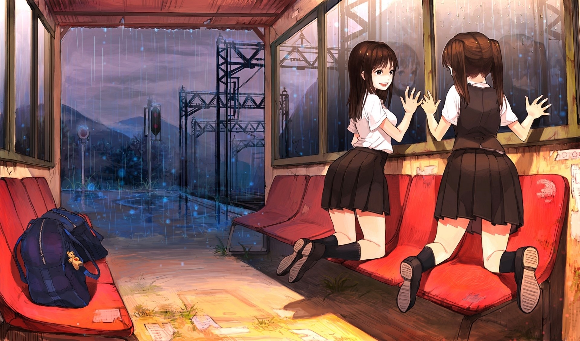 Two schoolgirls in skirts at a rainy train station HD Wallpaper