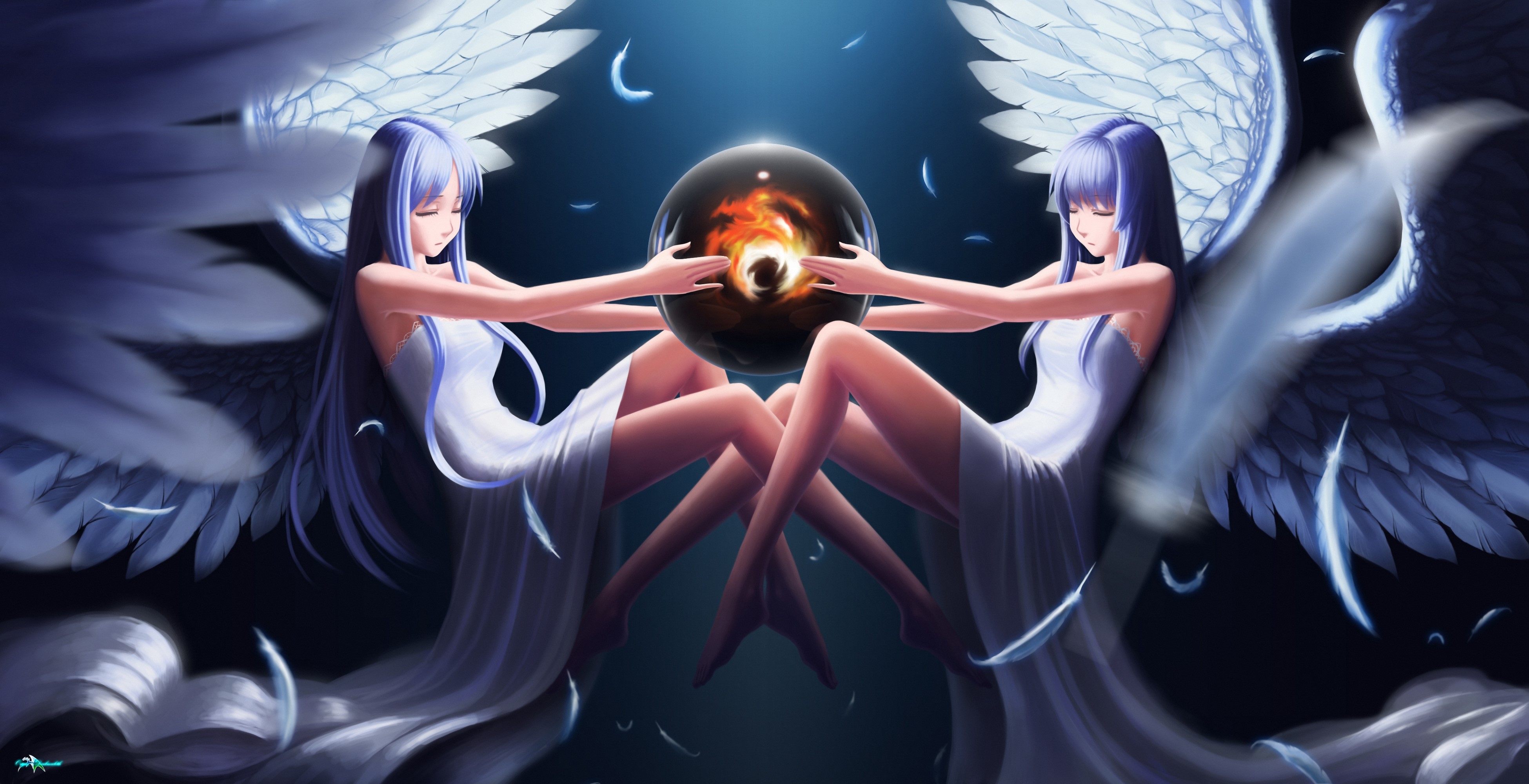 Two angels holding a magical orb HD Wallpaper
