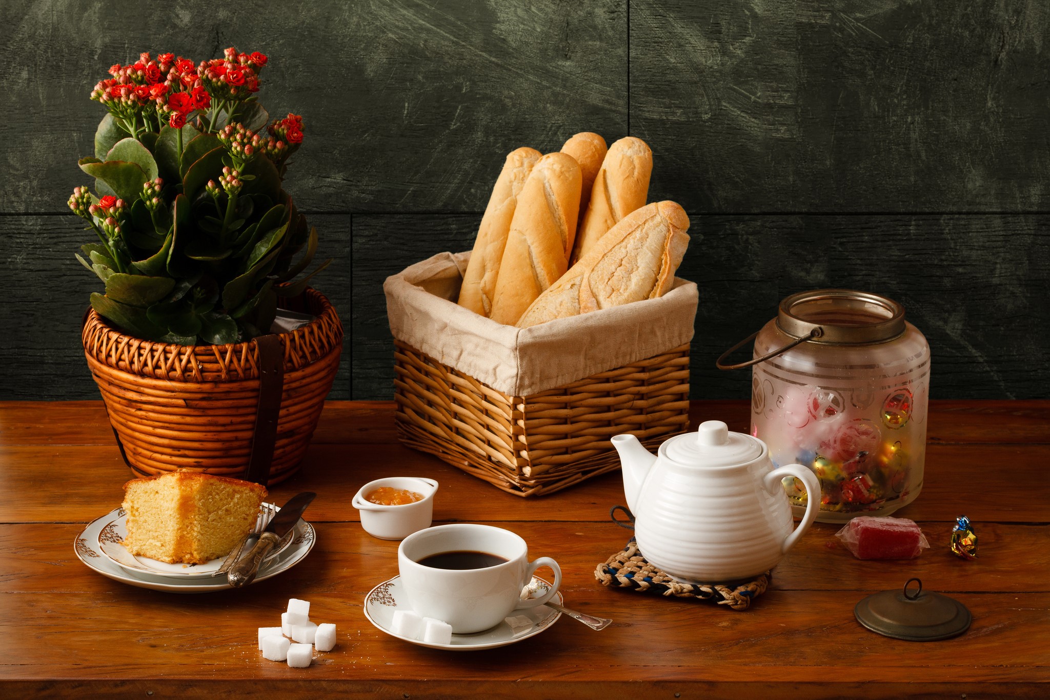 Still-life with bread, cake, coffee, and flowers HD Wallpaper
