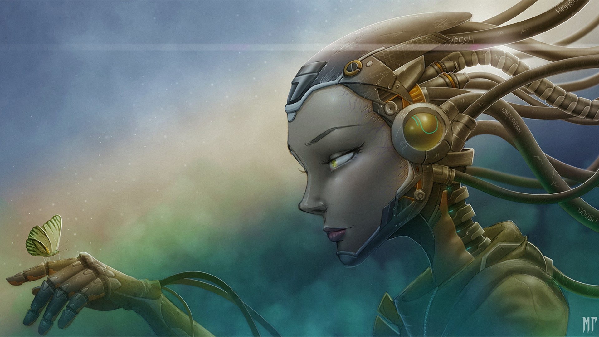 Robot with butterfly on hand HD Wallpaper