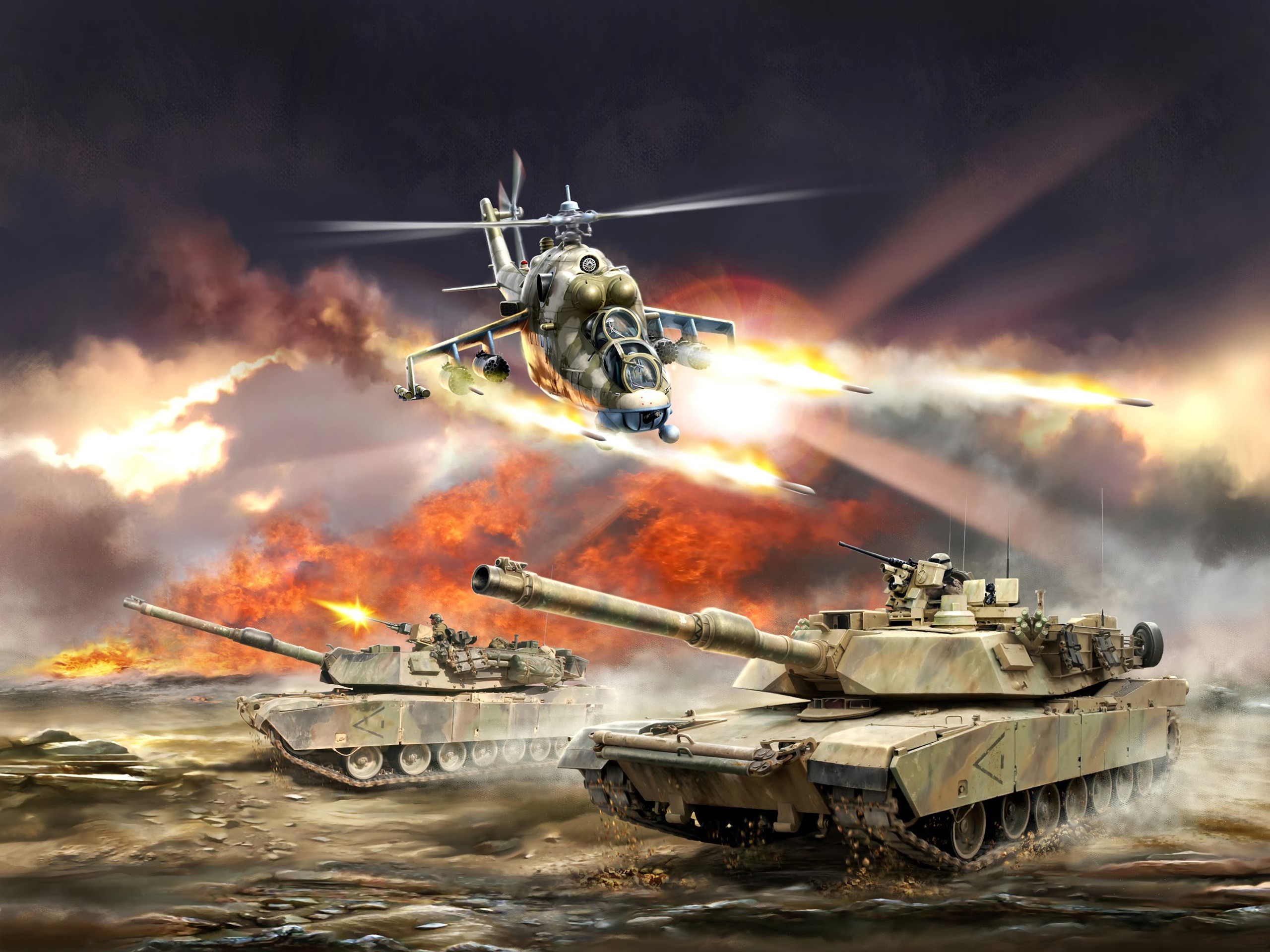 Helicopter and tanks in combat HD Wallpaper