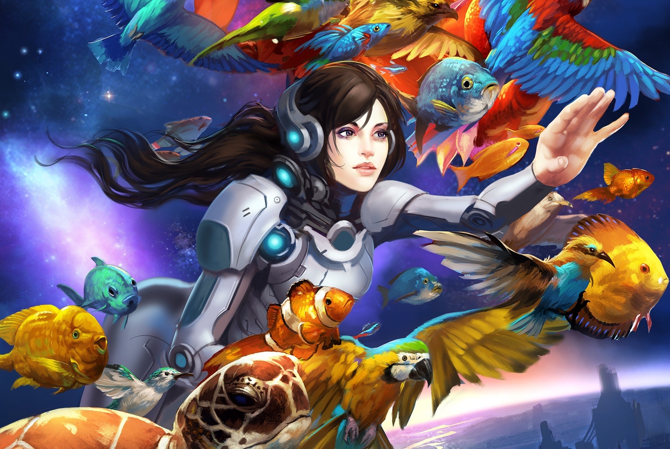 Woman in futuristic armor with flying fish and birds HD Wallpaper