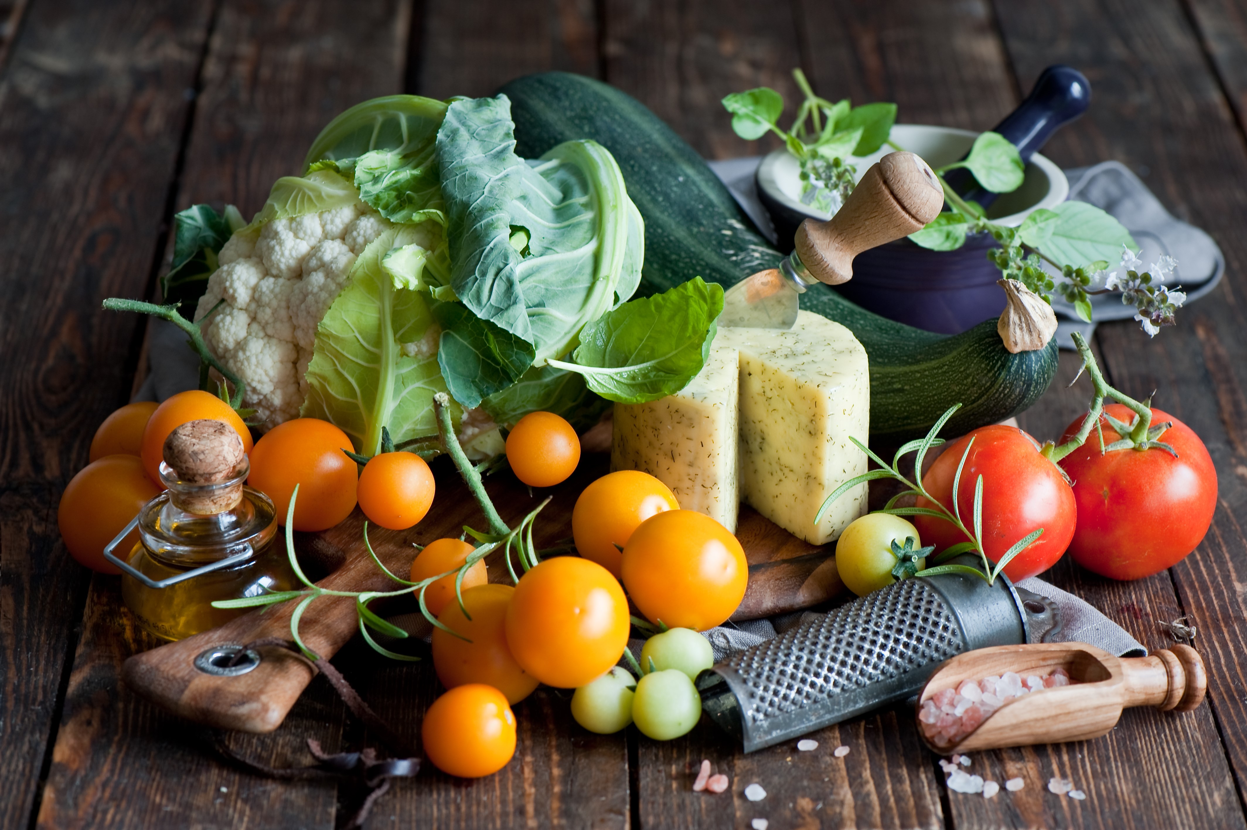 Still-life of vegetables, cheese, and oil HD Wallpaper