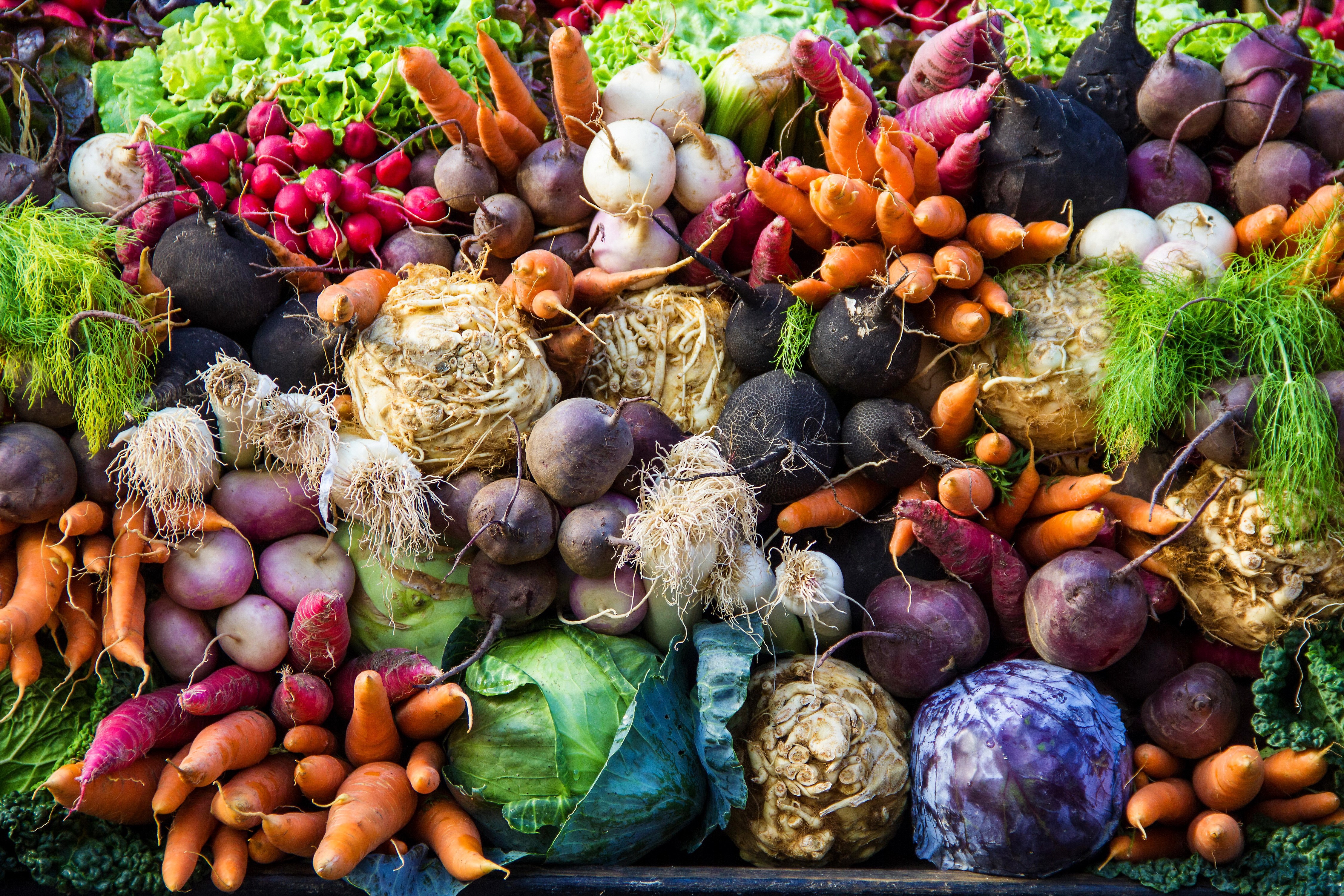 4K Vegetables: Carrots, Cabbage, Beets, Radishes HD Wallpaper