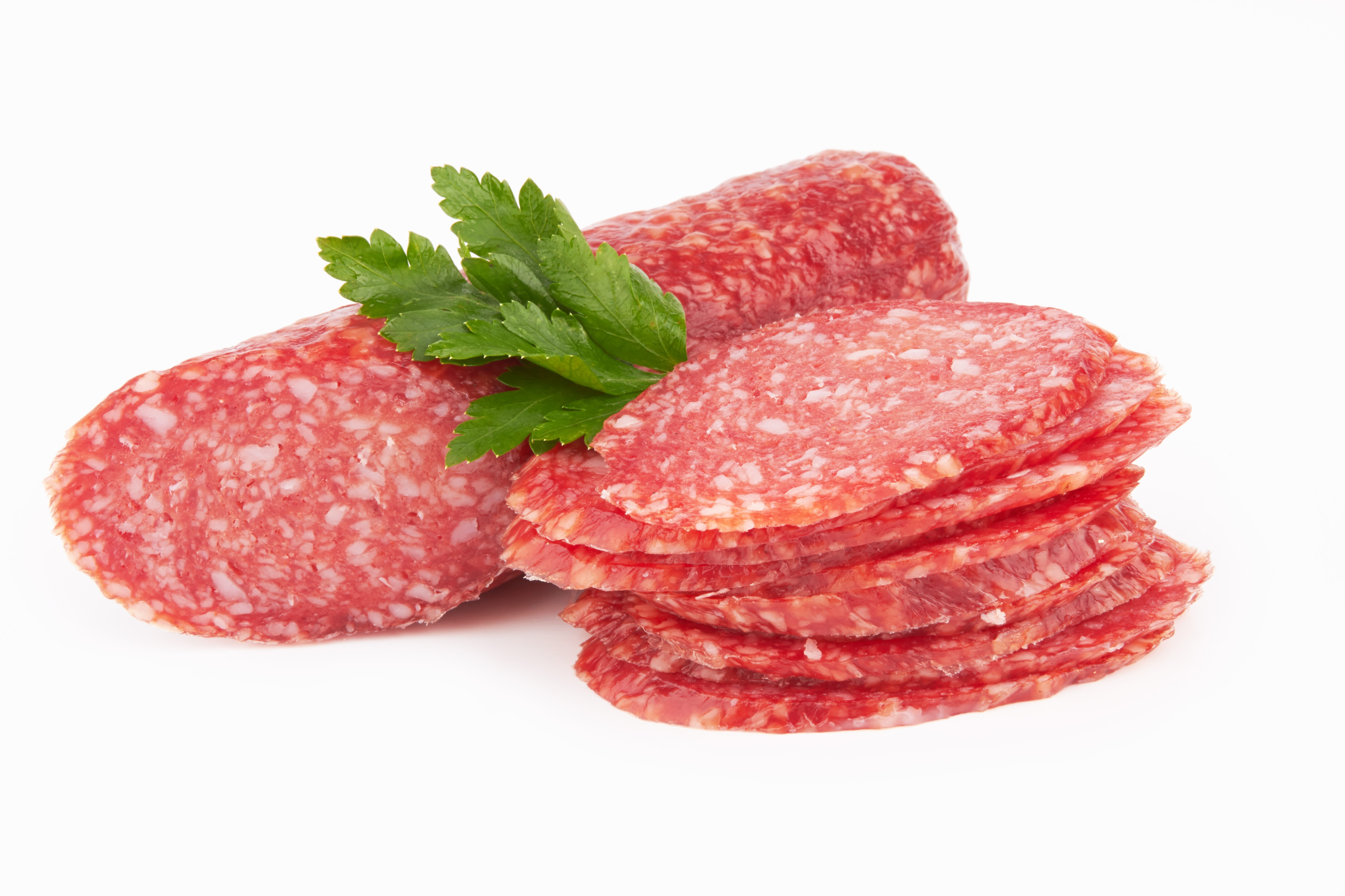 Sliced salami with parsley garnish HD Wallpaper