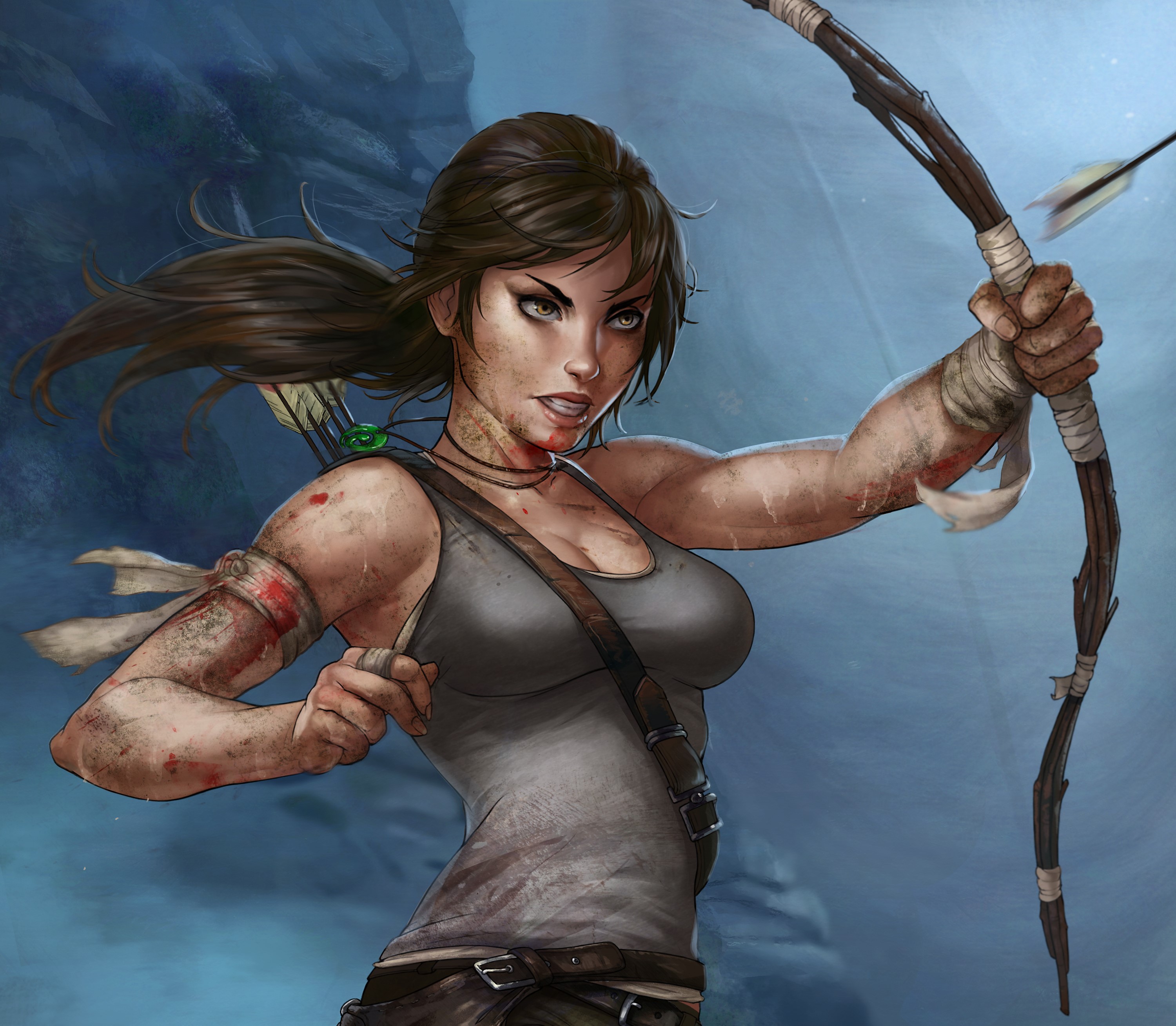 Lara Croft from Tomb Raider aiming a bow and arrow HD Wallpaper