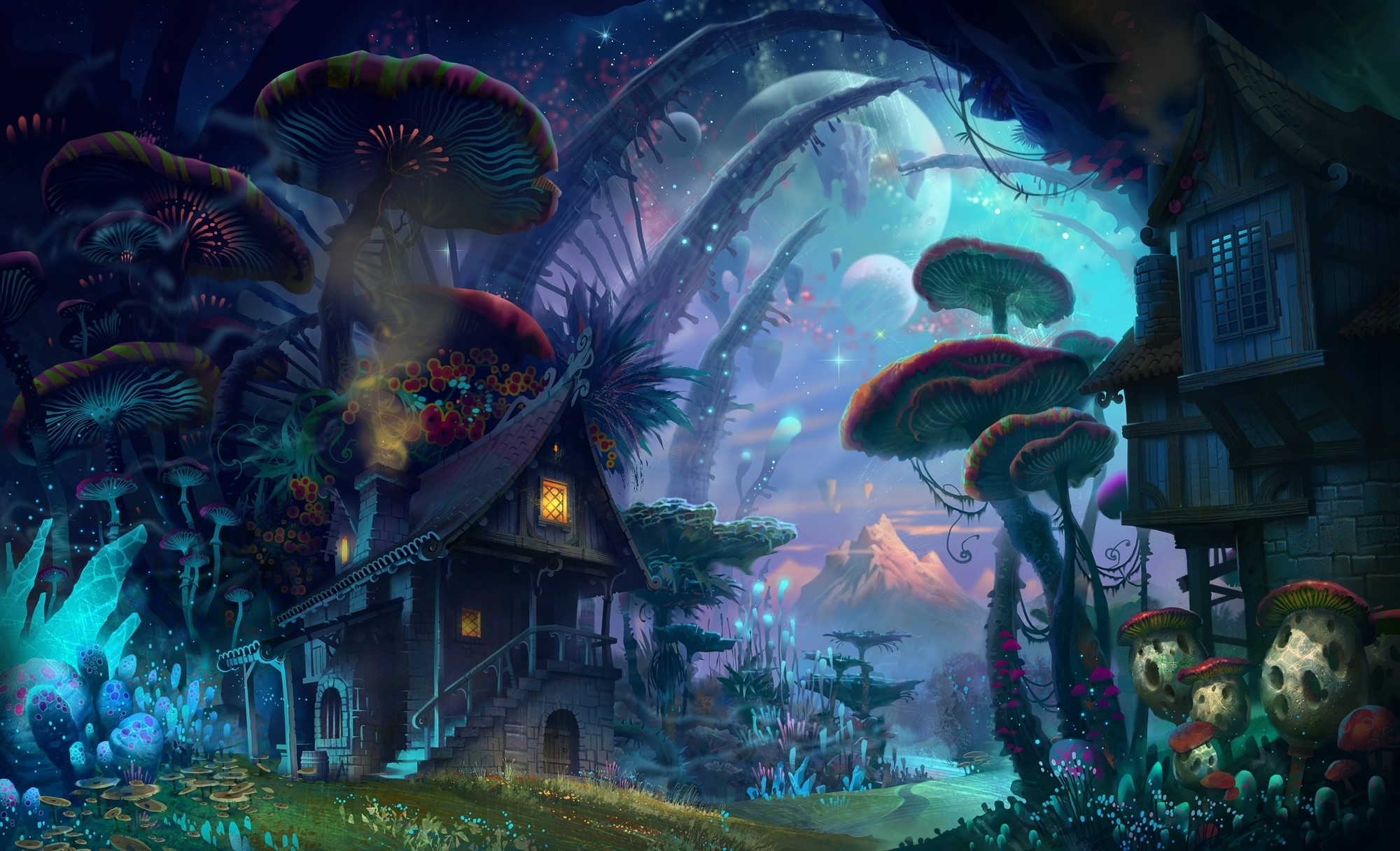 Fantasy world with giant mushrooms and planets HD Wallpaper