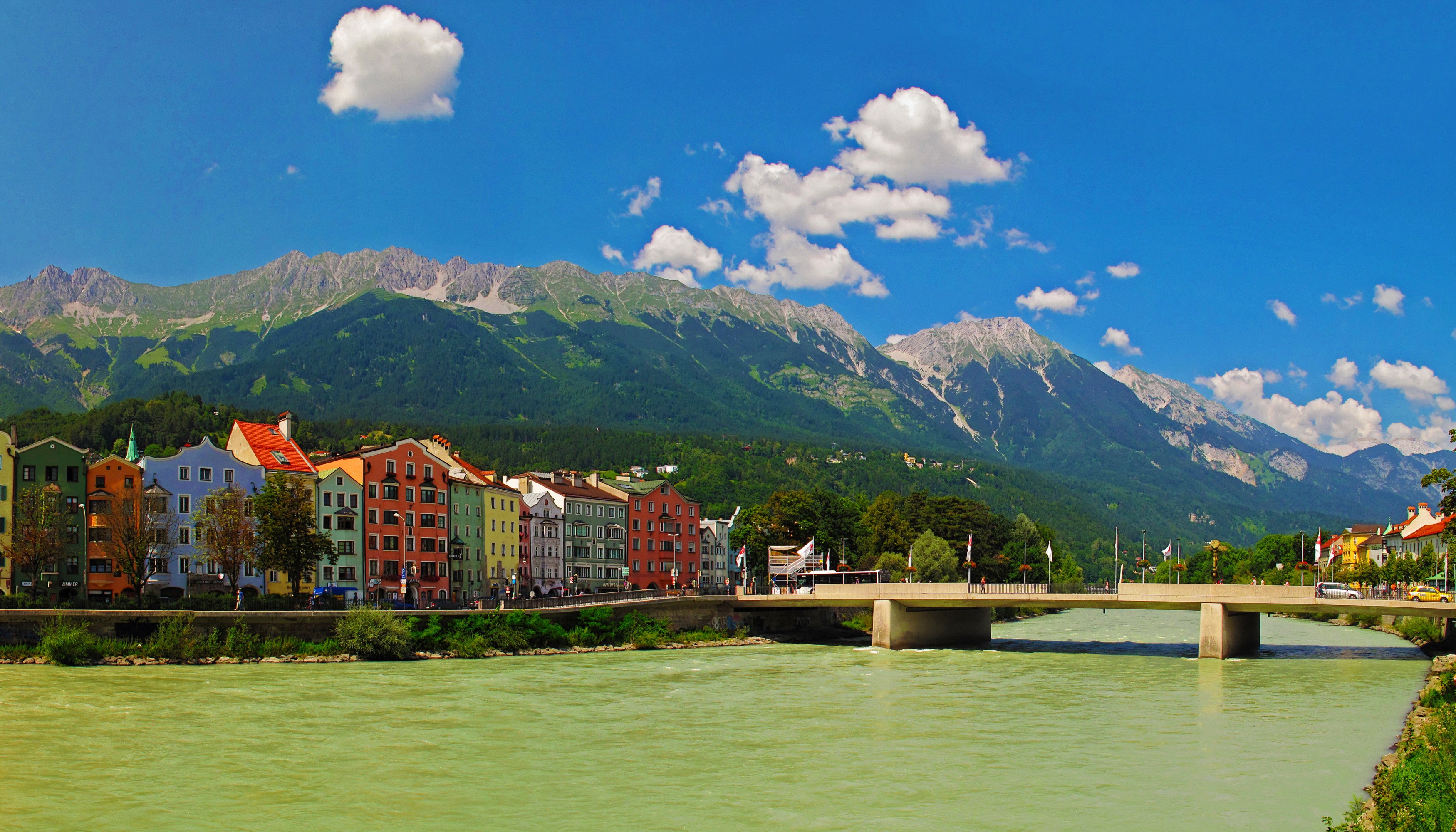 Innsbruck Austria Riverfront with Mountains and Colorful Houses HD Wallpaper