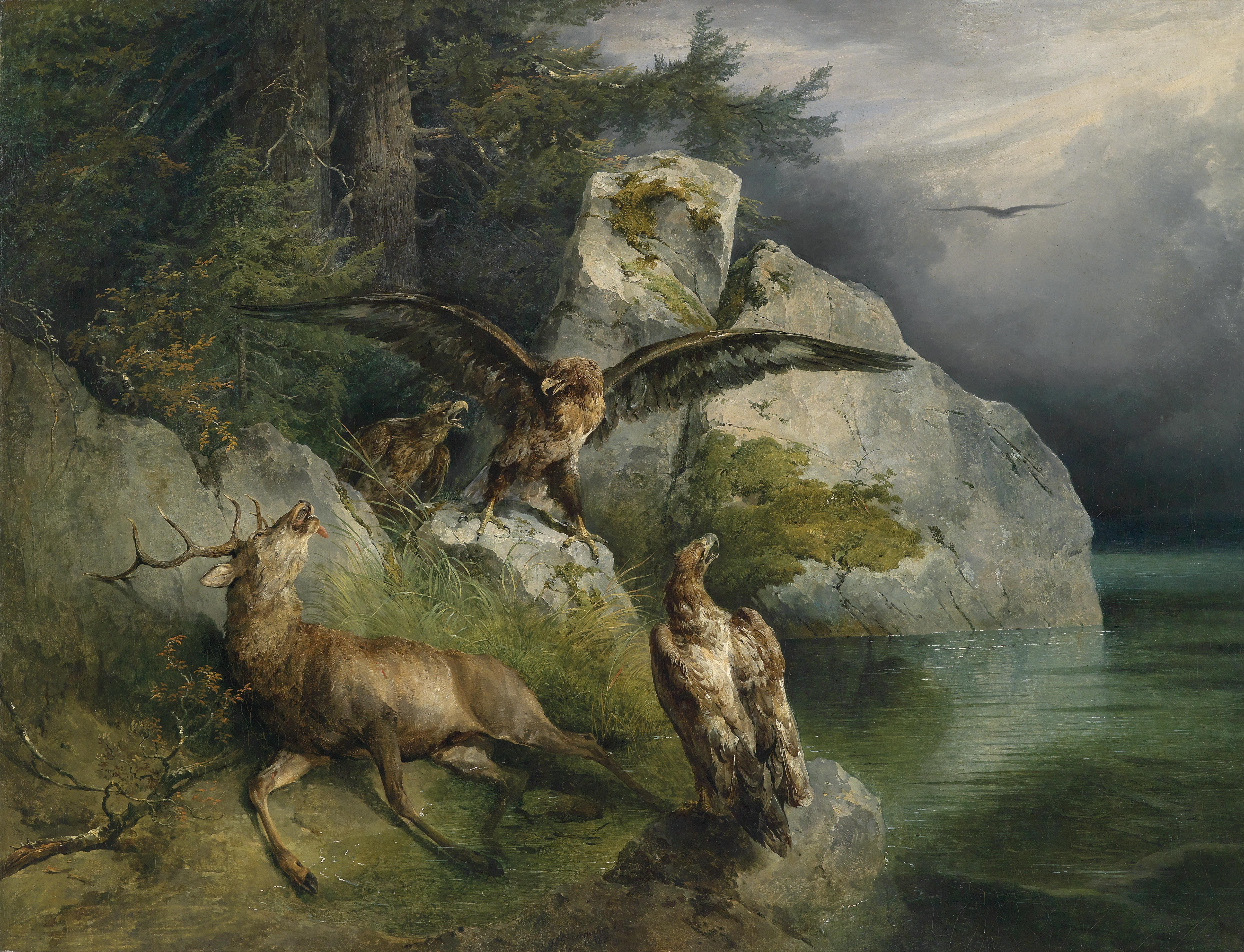 Eagles attacking a dying deer by Friedrich Gauermann HD Wallpaper