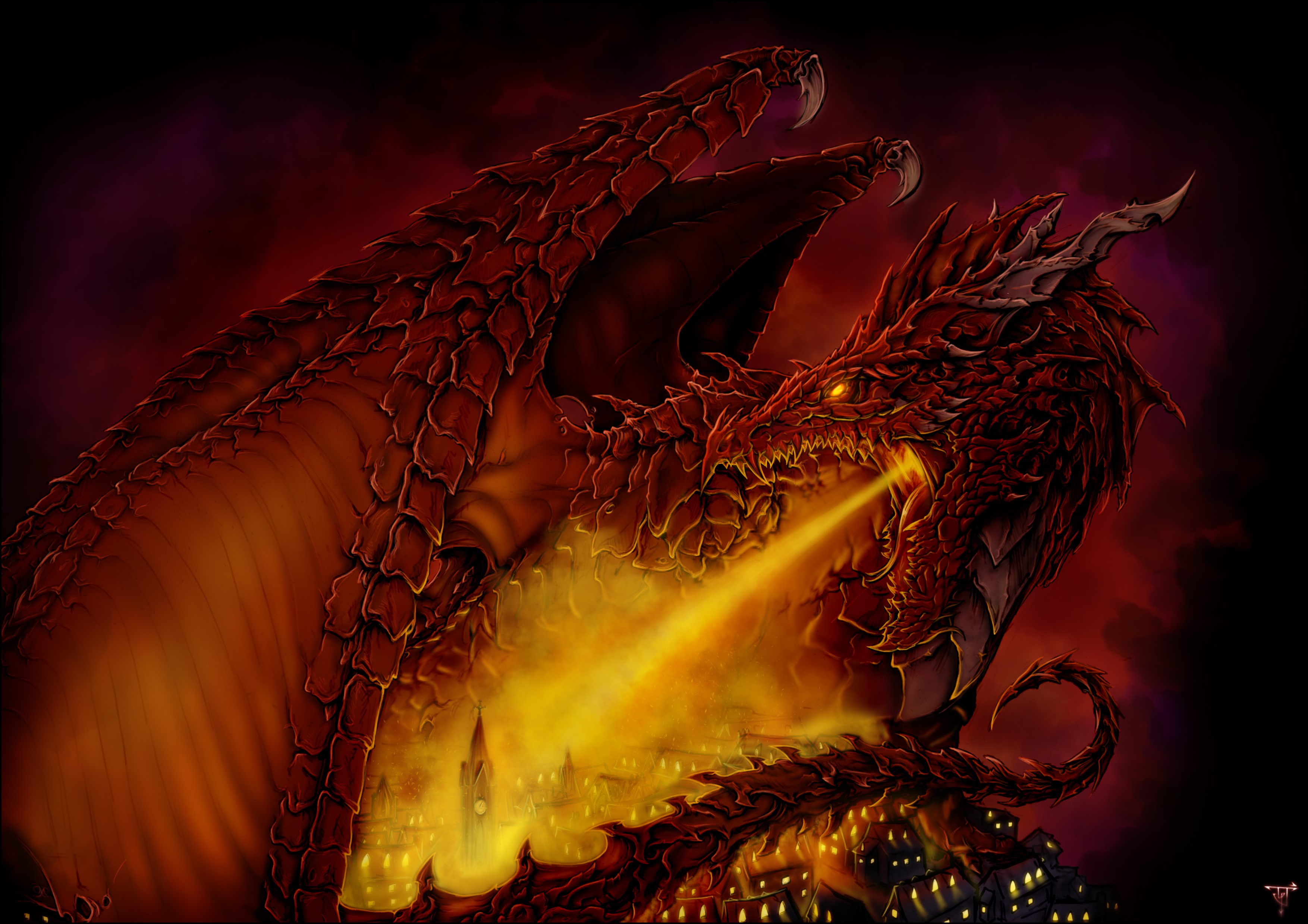 Red Dragon breathing fire on a city HD Wallpaper