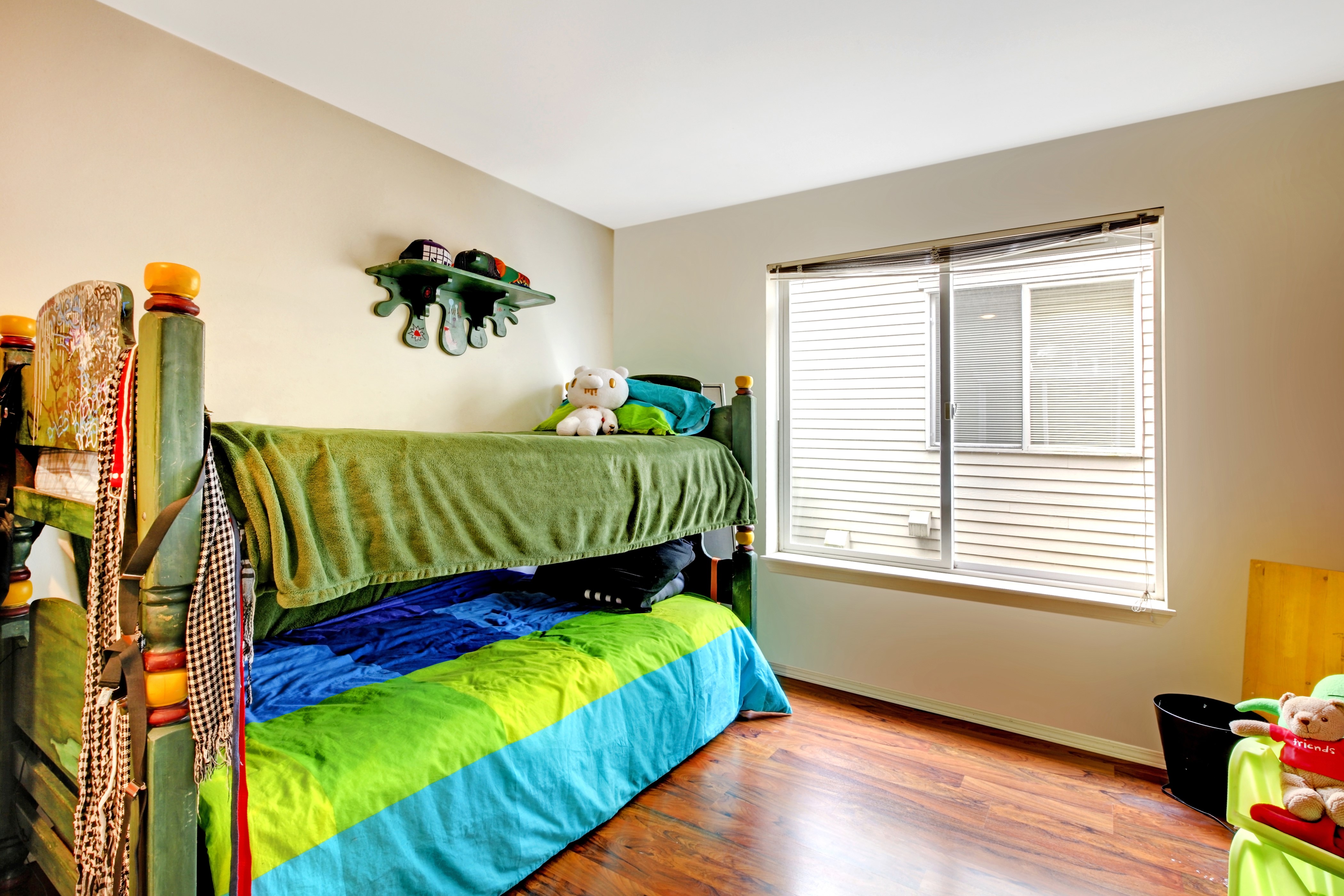 Children's room with bunk bed and window HD Wallpaper