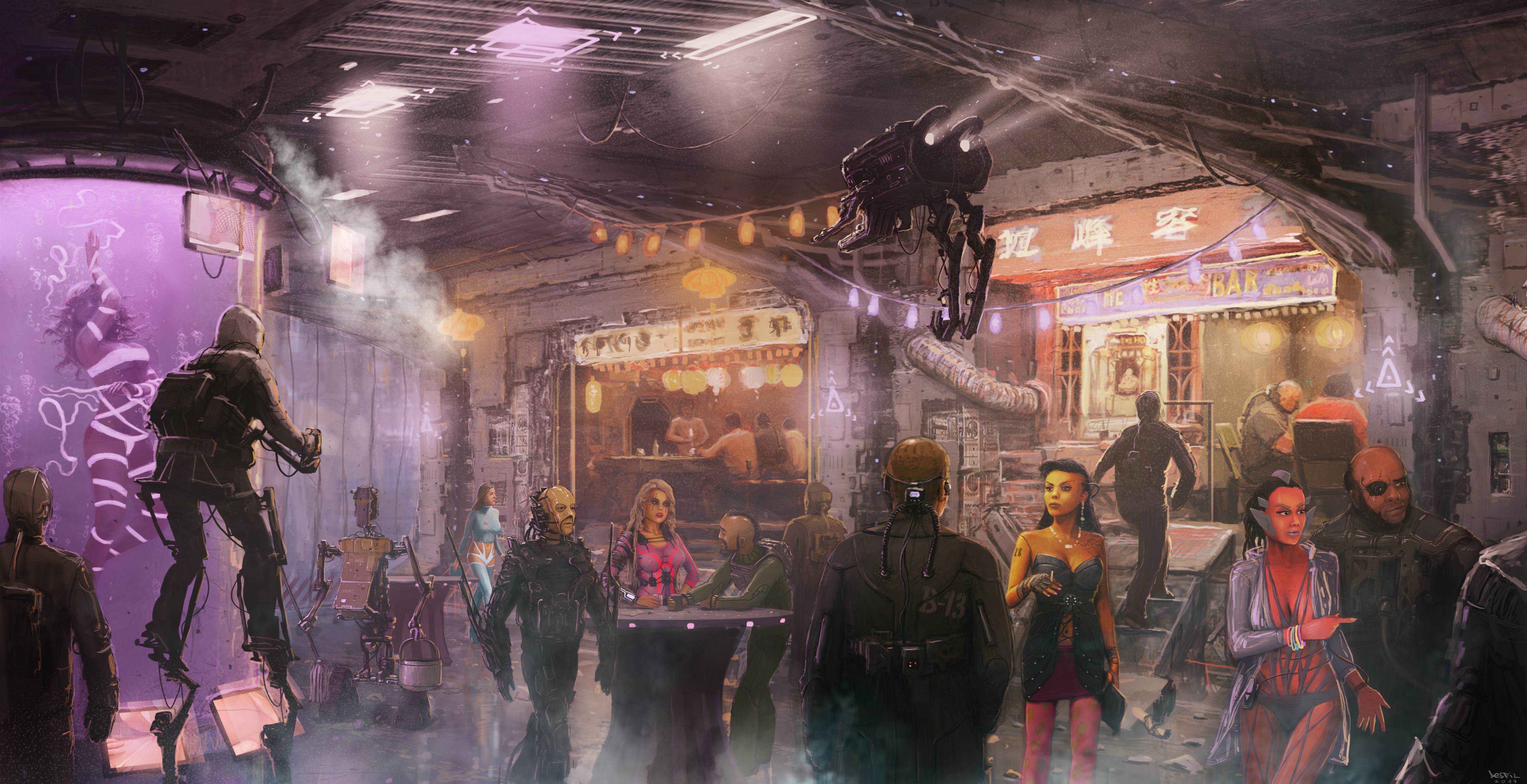 Technics Fantasy Aliens in a Cyberpunk Market HD Wallpaper