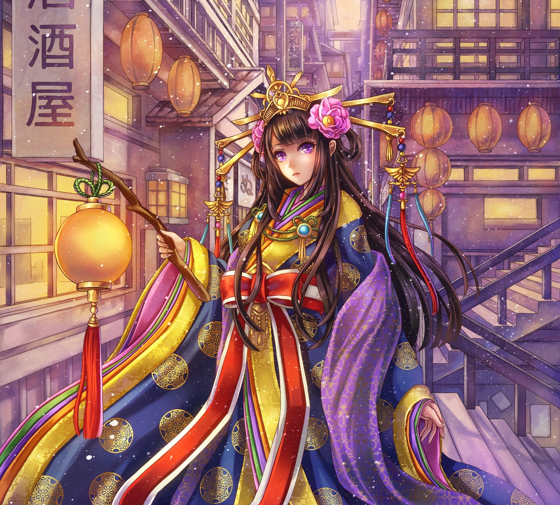 Girl in traditional Japanese kimono holding a lantern HD Wallpaper