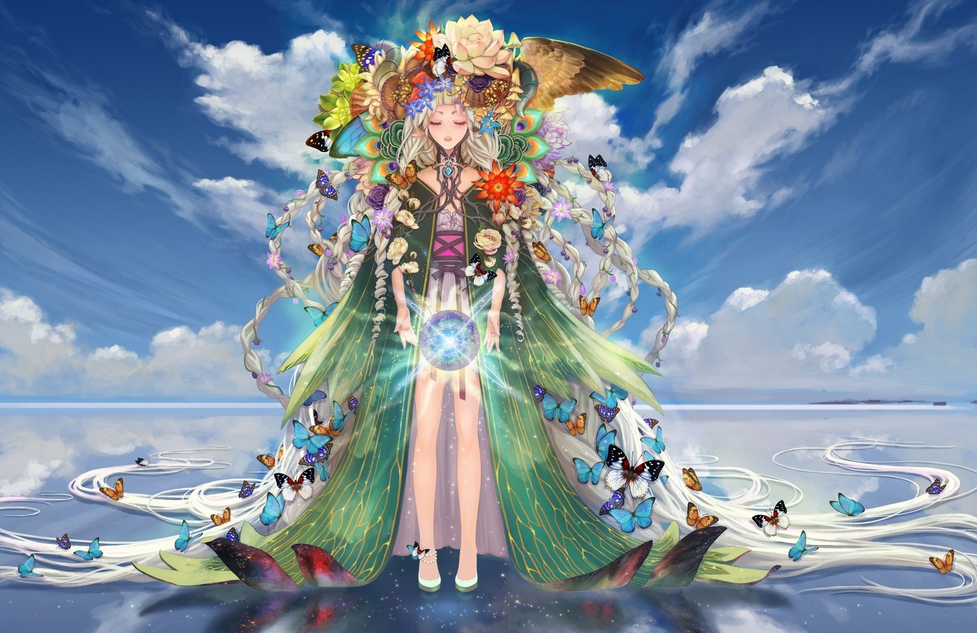 Fairy with butterflies and flowers in the sky HD Wallpaper