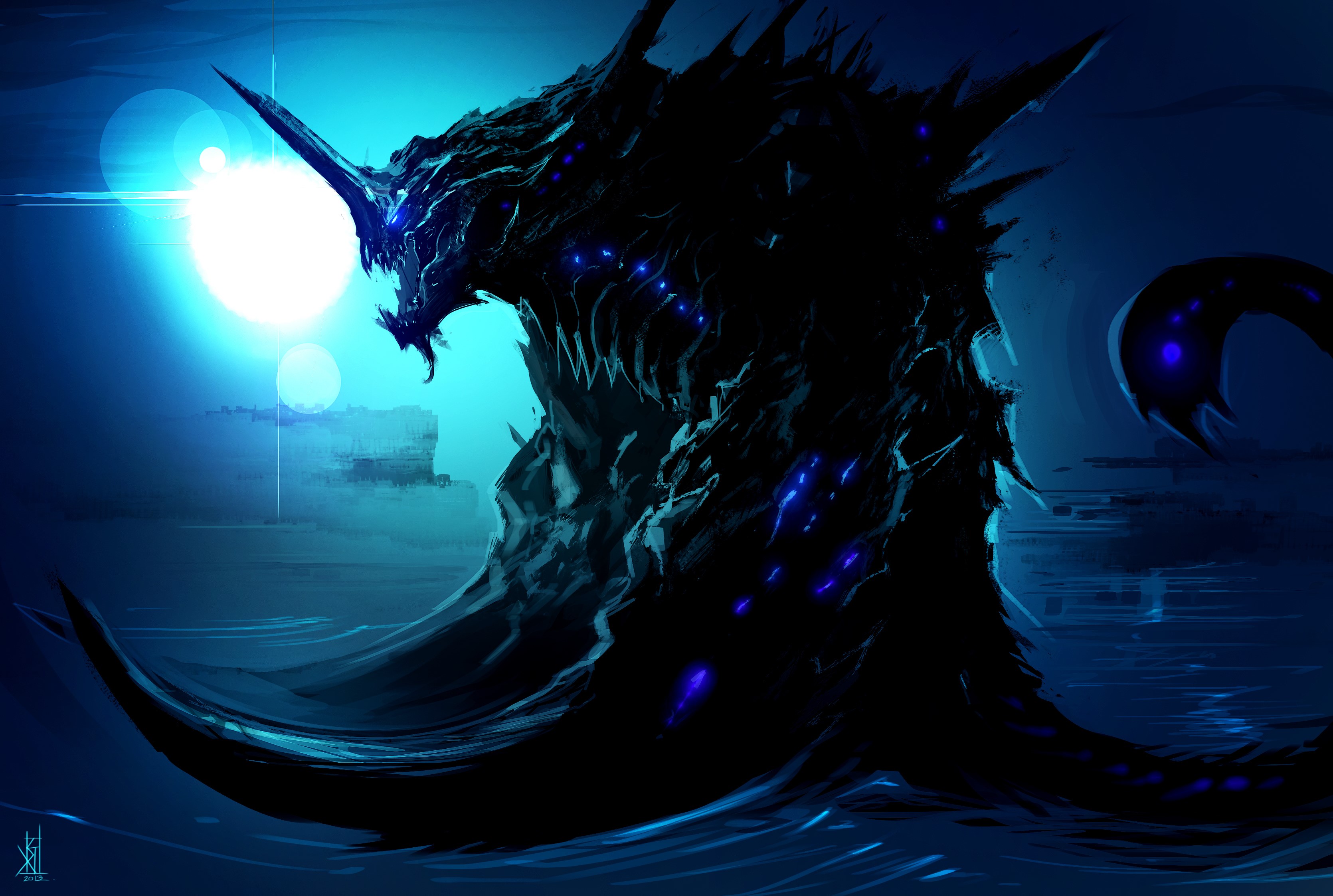 Dark monster with blue lights in the ocean HD Wallpaper