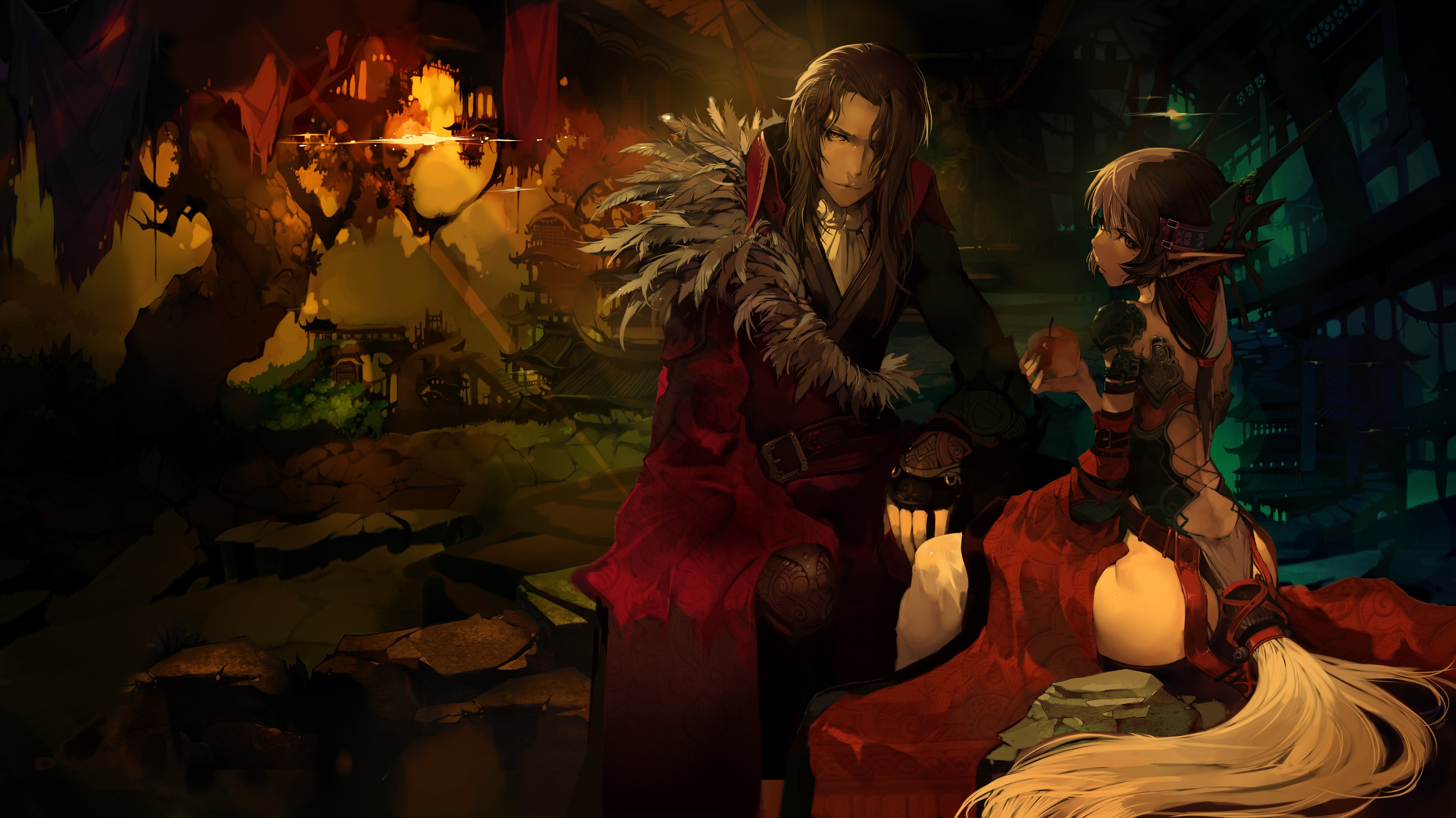Young man and elf in fantasy setting HD Wallpaper